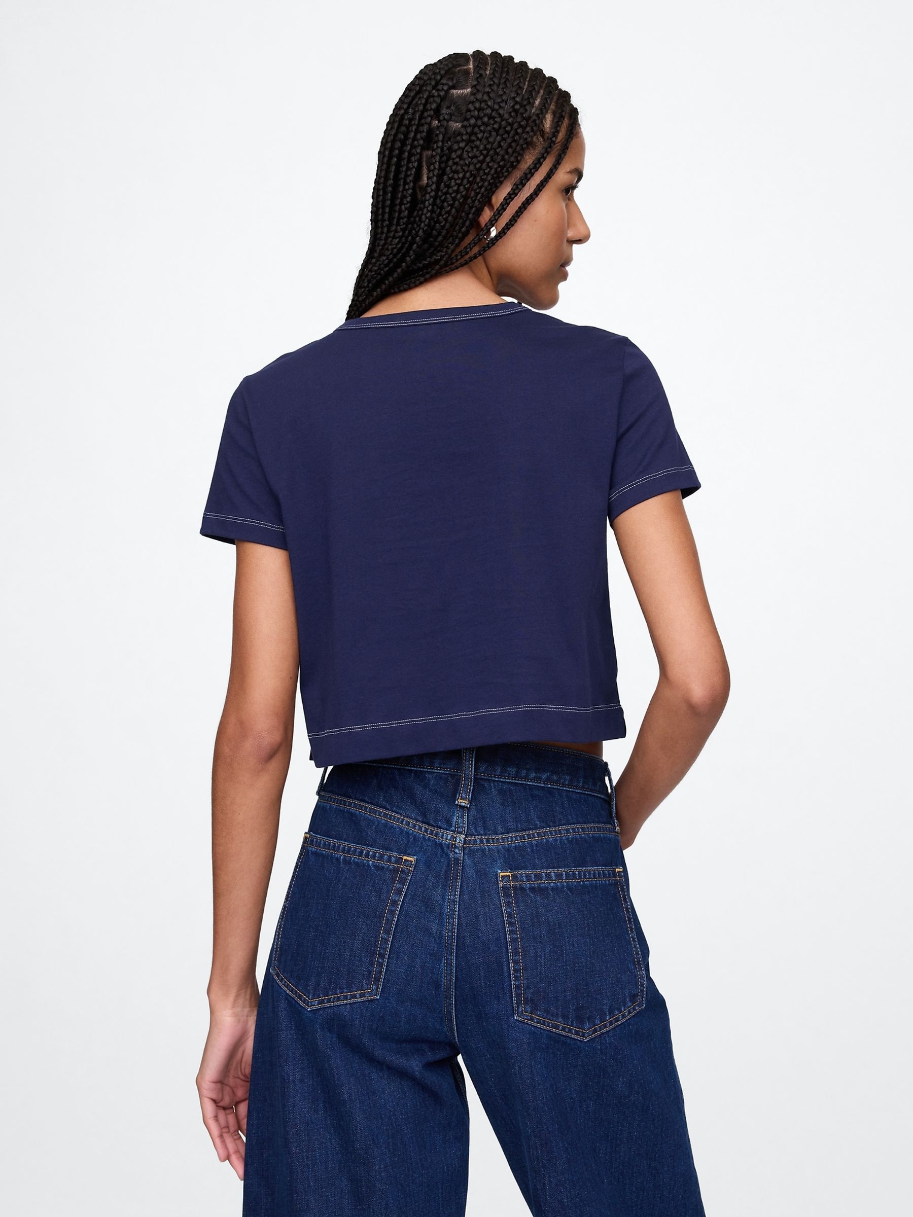 Denim Blue Cotton Crew Neck Cropped T-Shirt - Image 2 of 5