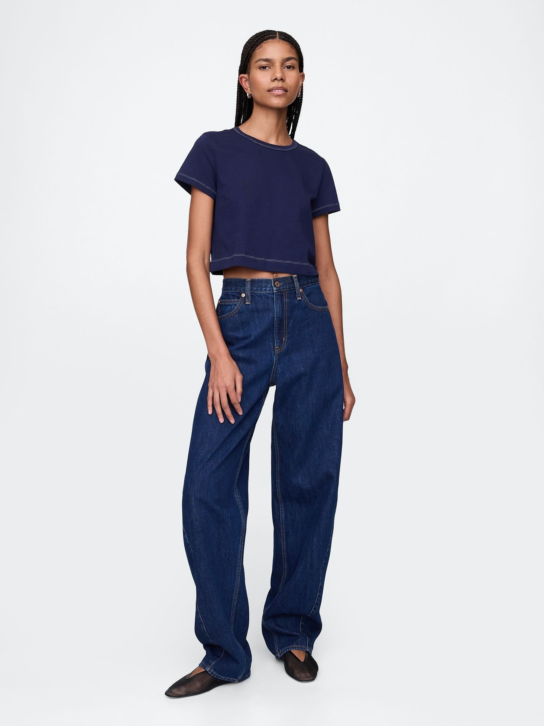 Denim Blue Cotton Crew Neck Cropped T-Shirt - Image 3 of 5