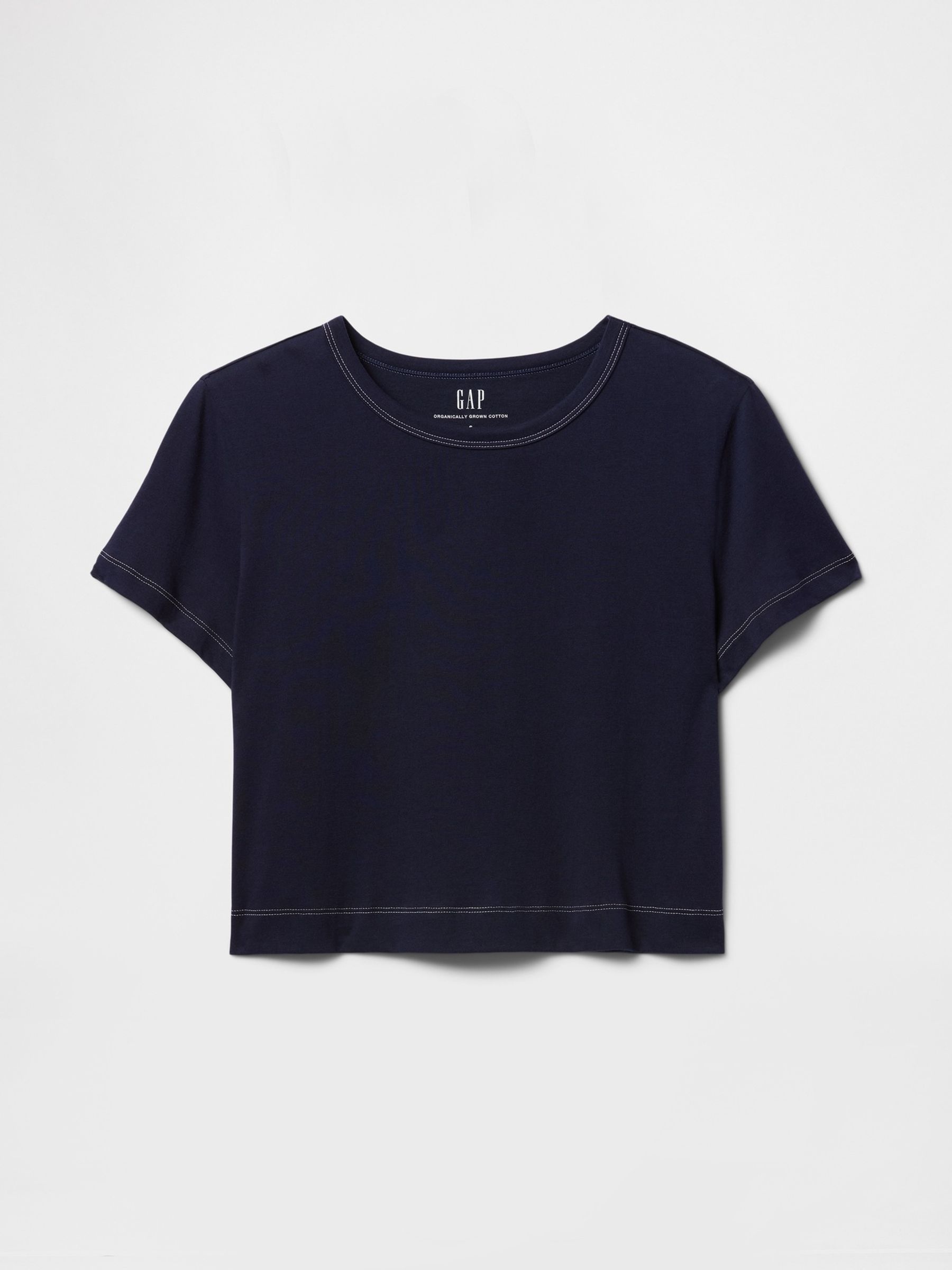 Denim Blue Cotton Crew Neck Cropped T-Shirt - Image 4 of 5
