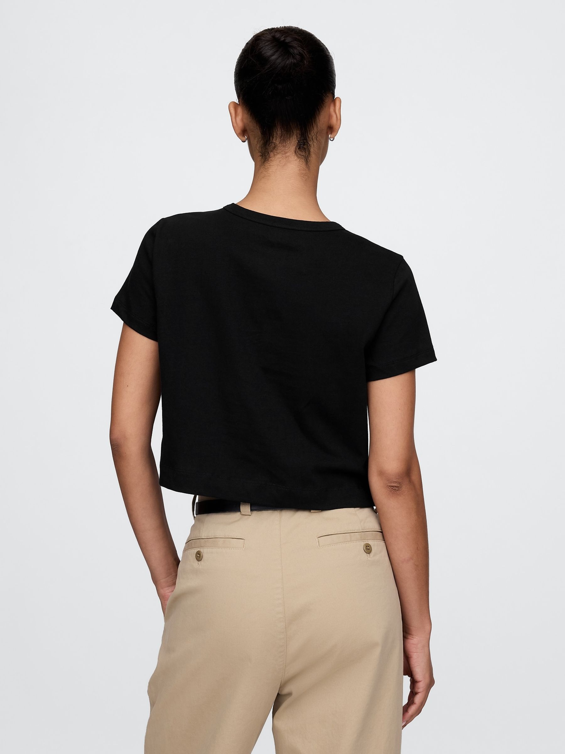 Black Cotton Crew Neck Cropped T-Shirt - Image 2 of 4