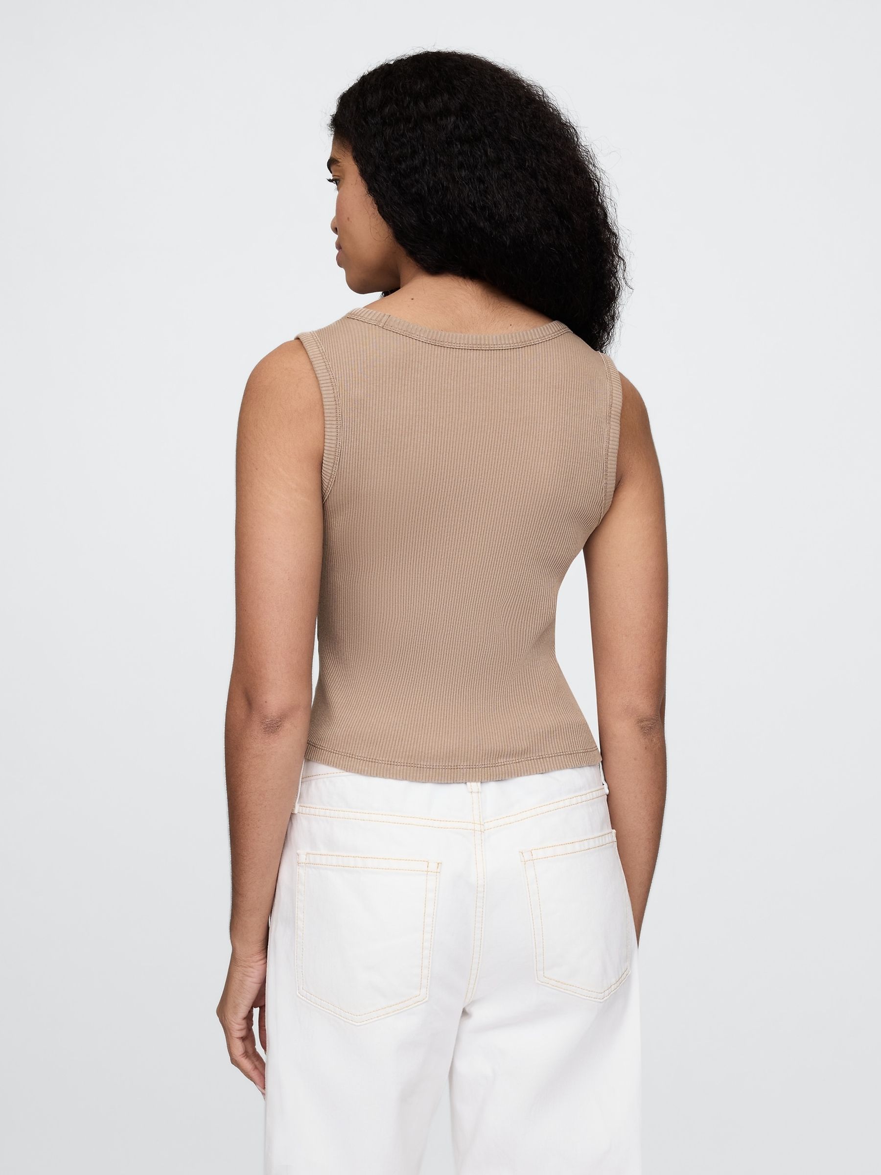 Brown Ribbed Knit Cotton Stretch Scoop Vest - Image 2 of 4