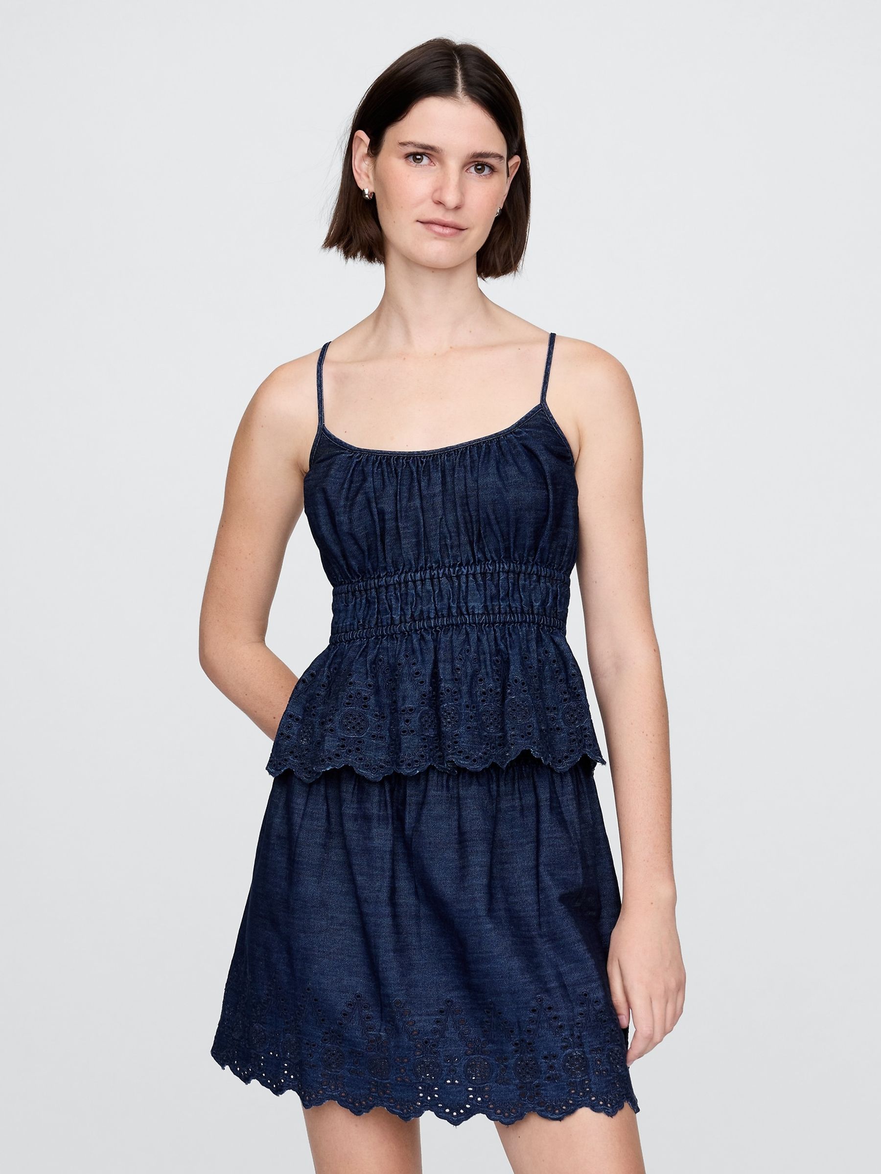 キャミソール DENIM FRILL CAMISOLE TOPS Peplum Frill Cami Denim Top - Blue Pasadena | One Teaspoon
