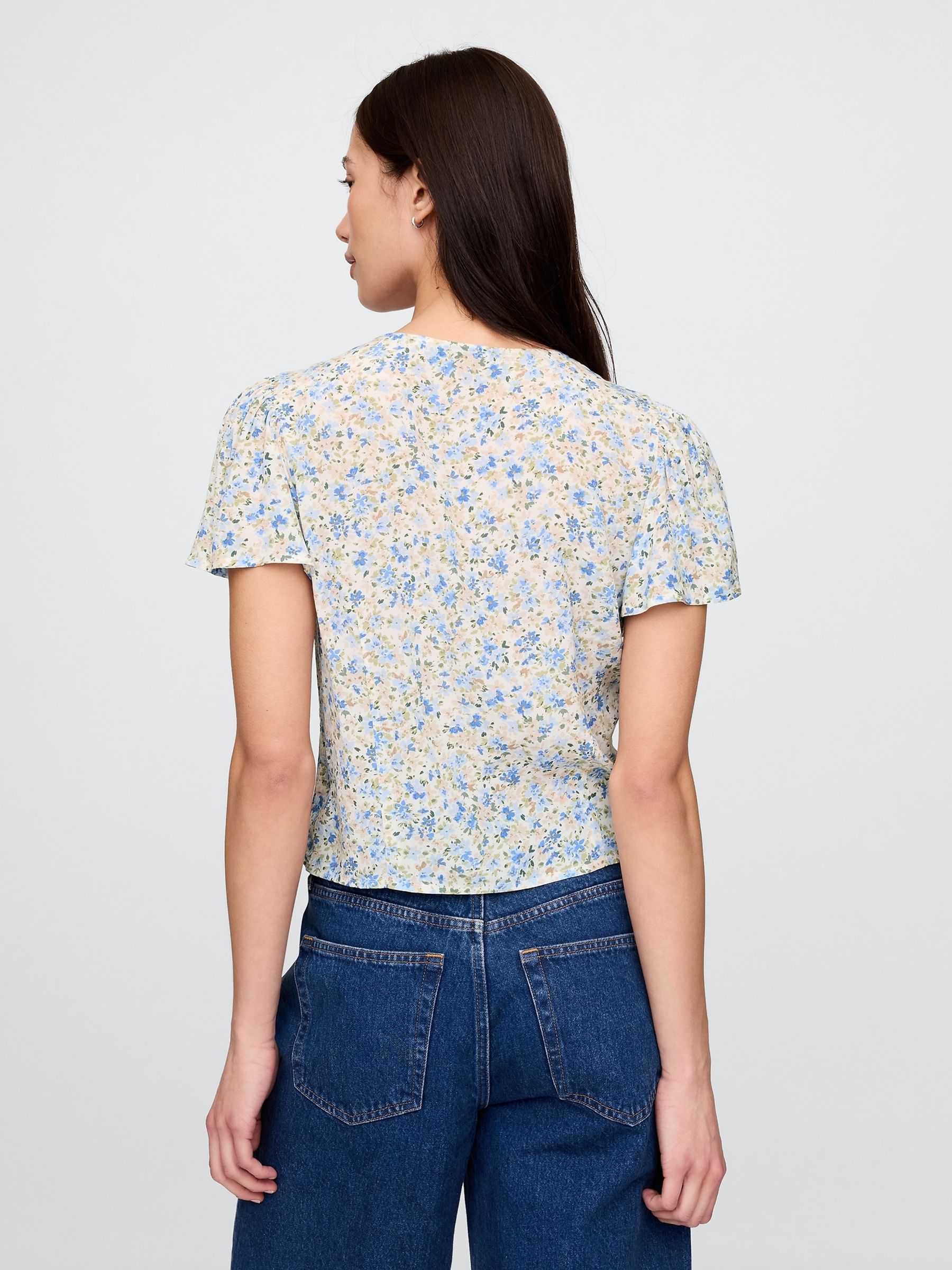 Blue Crepe Flutter-Sleeve Top - Image 2 of 5