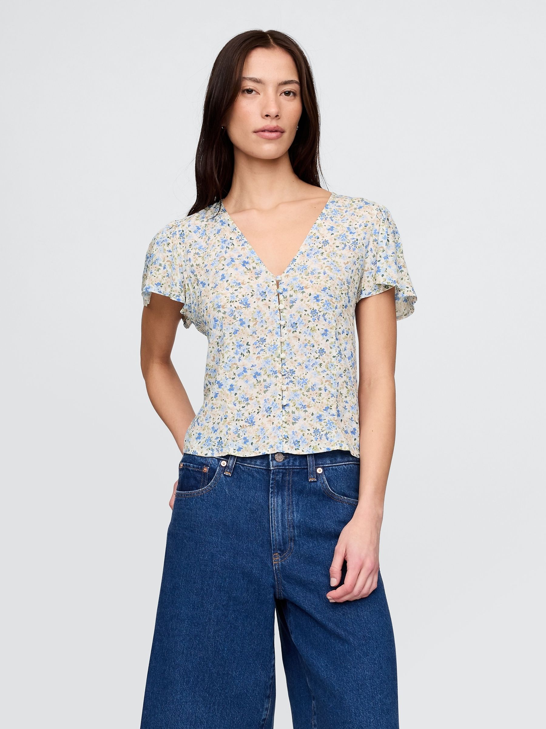 Blue Crepe Flutter-Sleeve Top - Image 3 of 5