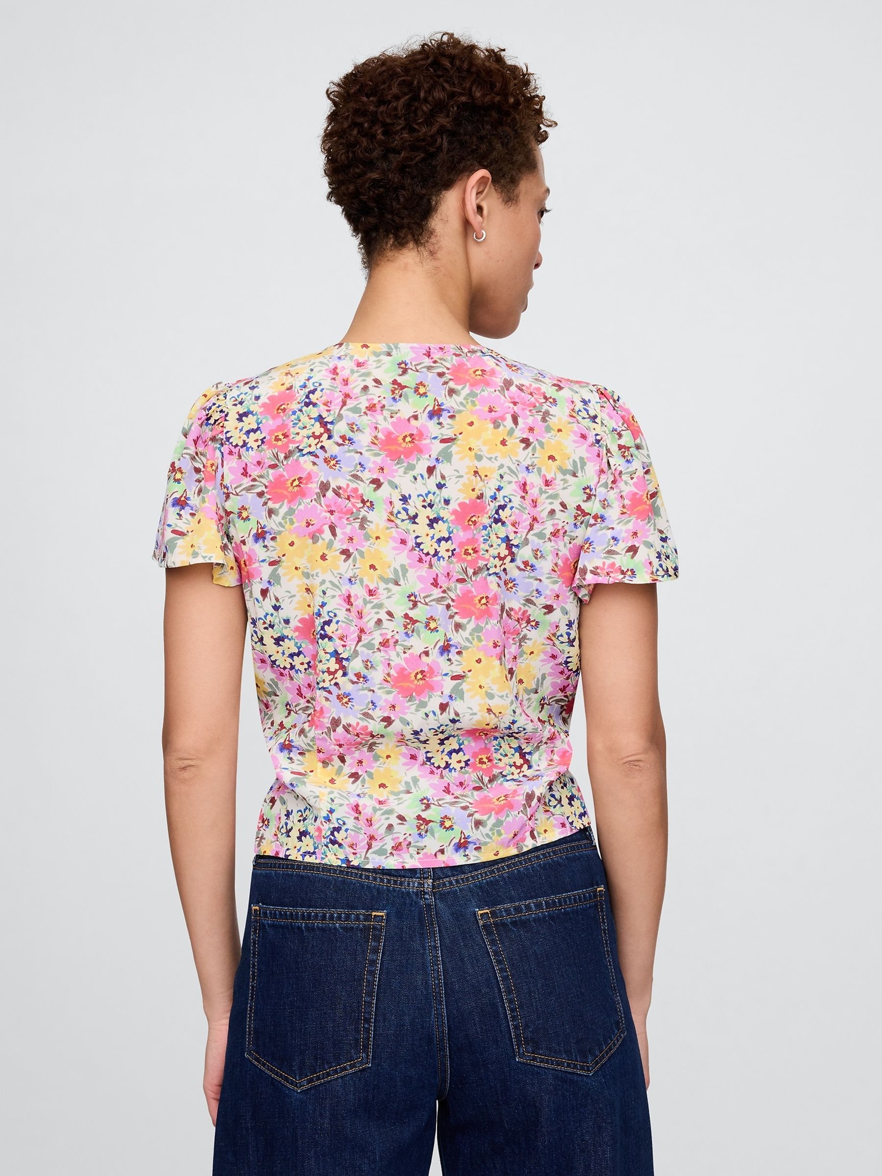 White Floral Crepe Flutter-Sleeve Top - Image 2 of 5