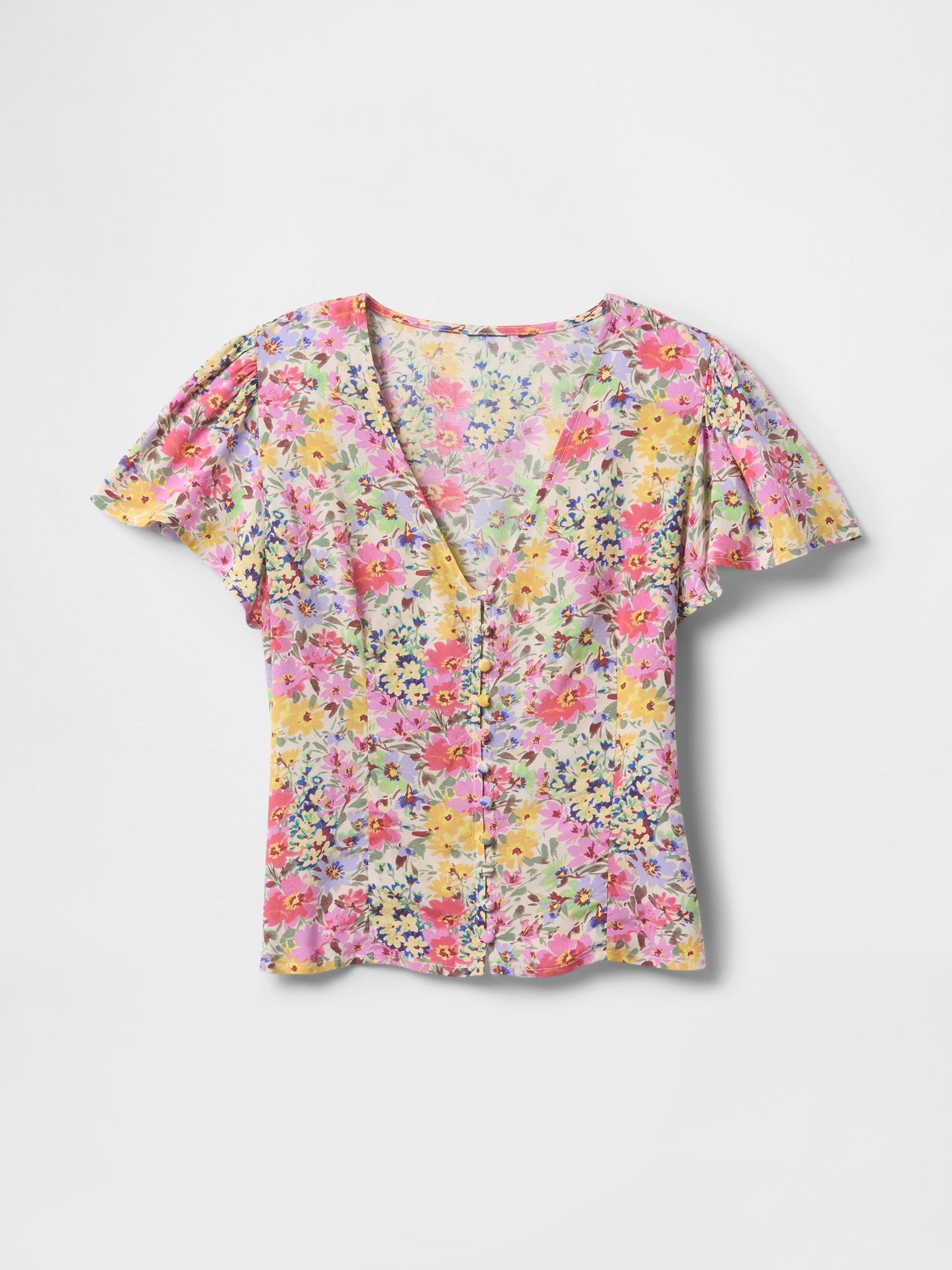 White Floral Crepe Flutter-Sleeve Top - Image 4 of 5
