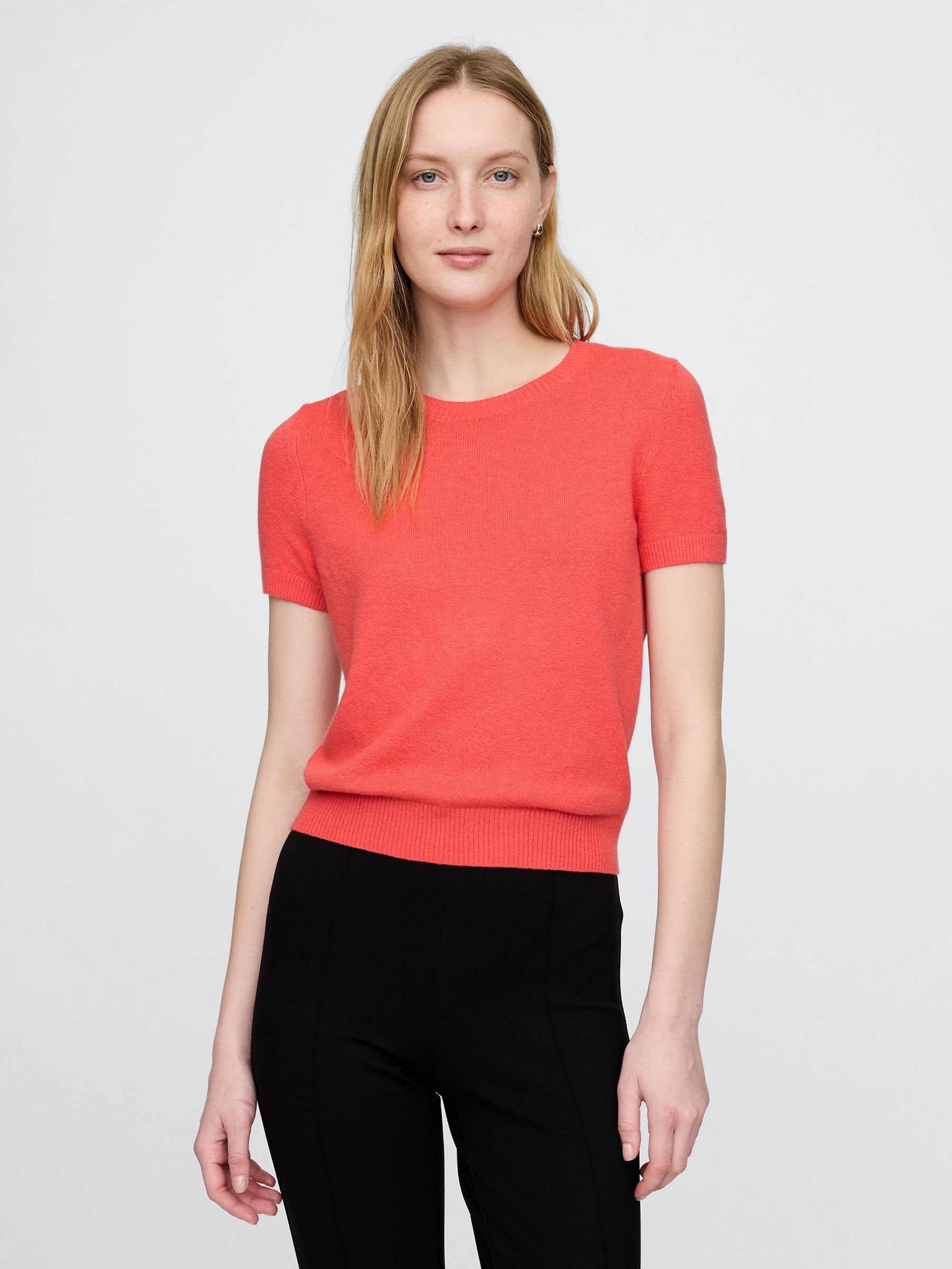 Red CashSoft Short Sleeve Crew Neck Knit Top - Image 1 of 5