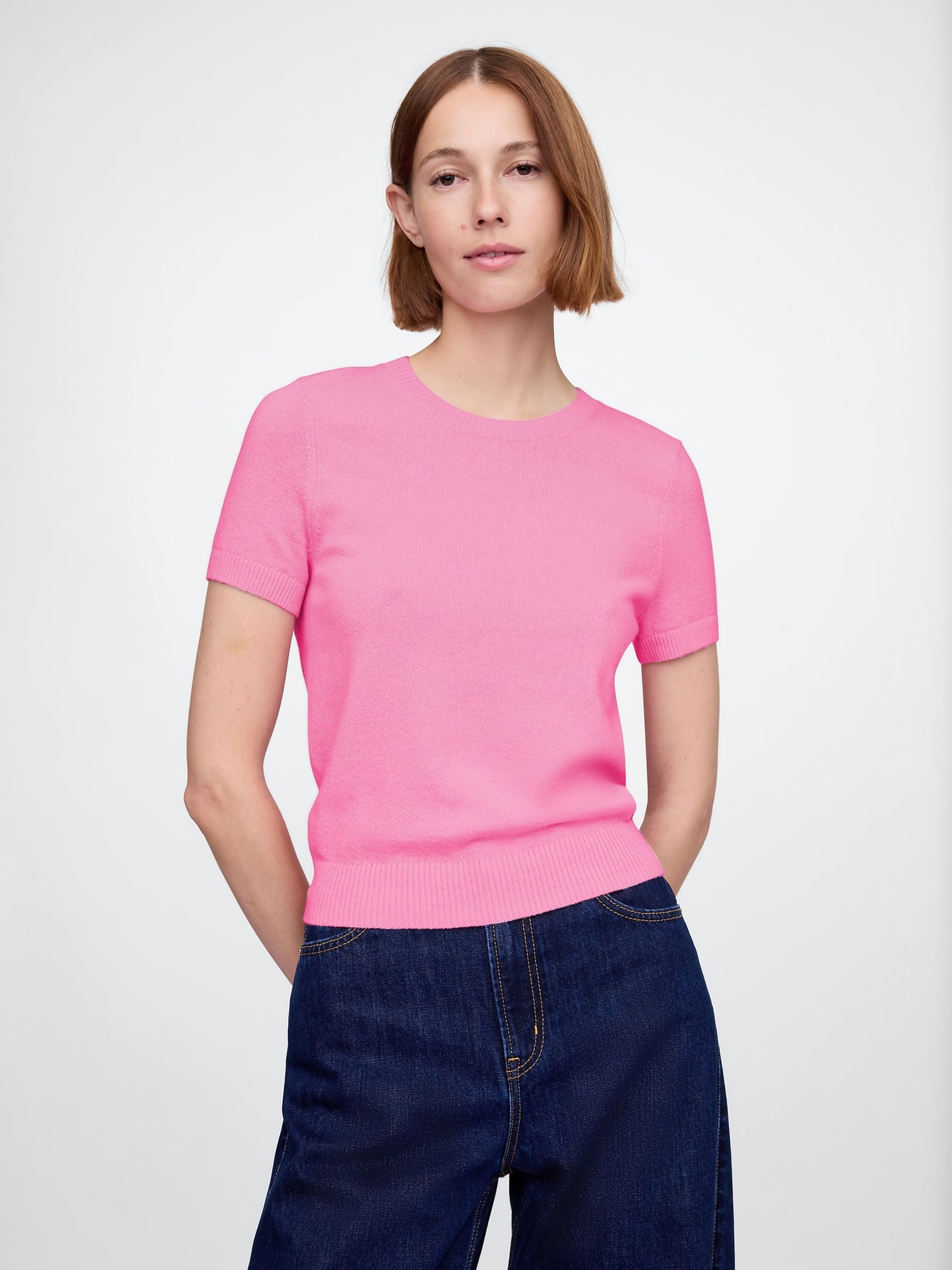 Pink CashSoft Short Sleeve Crew Neck Knit Top - Image 1 of 5