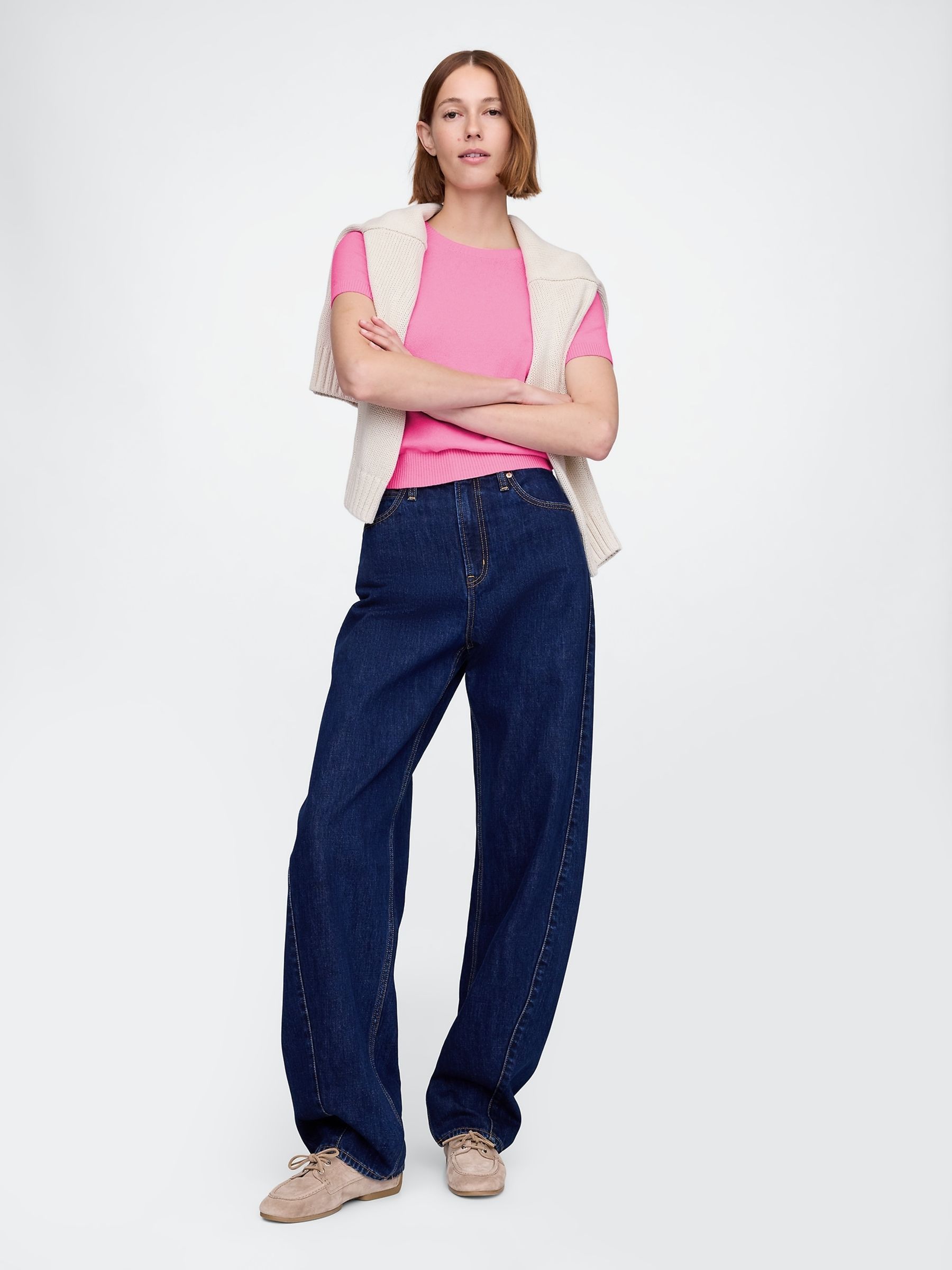 Pink CashSoft Short Sleeve Crew Neck Knit Top - Image 3 of 5