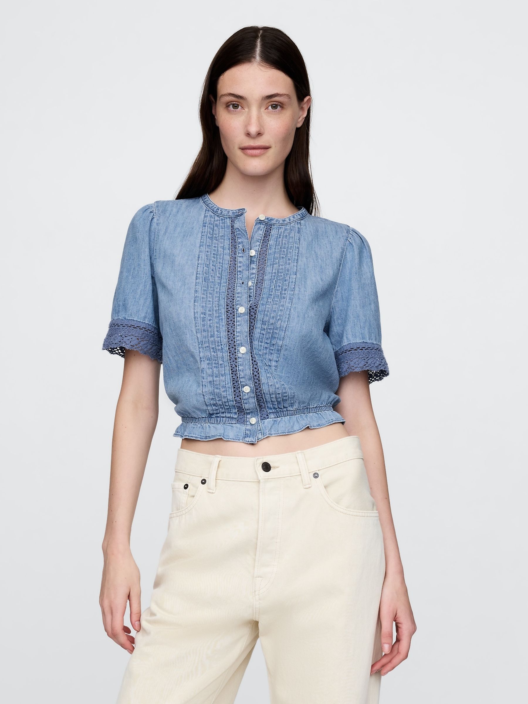 Blue Lace-Trim Cropped Denim Top - Image 1 of 5