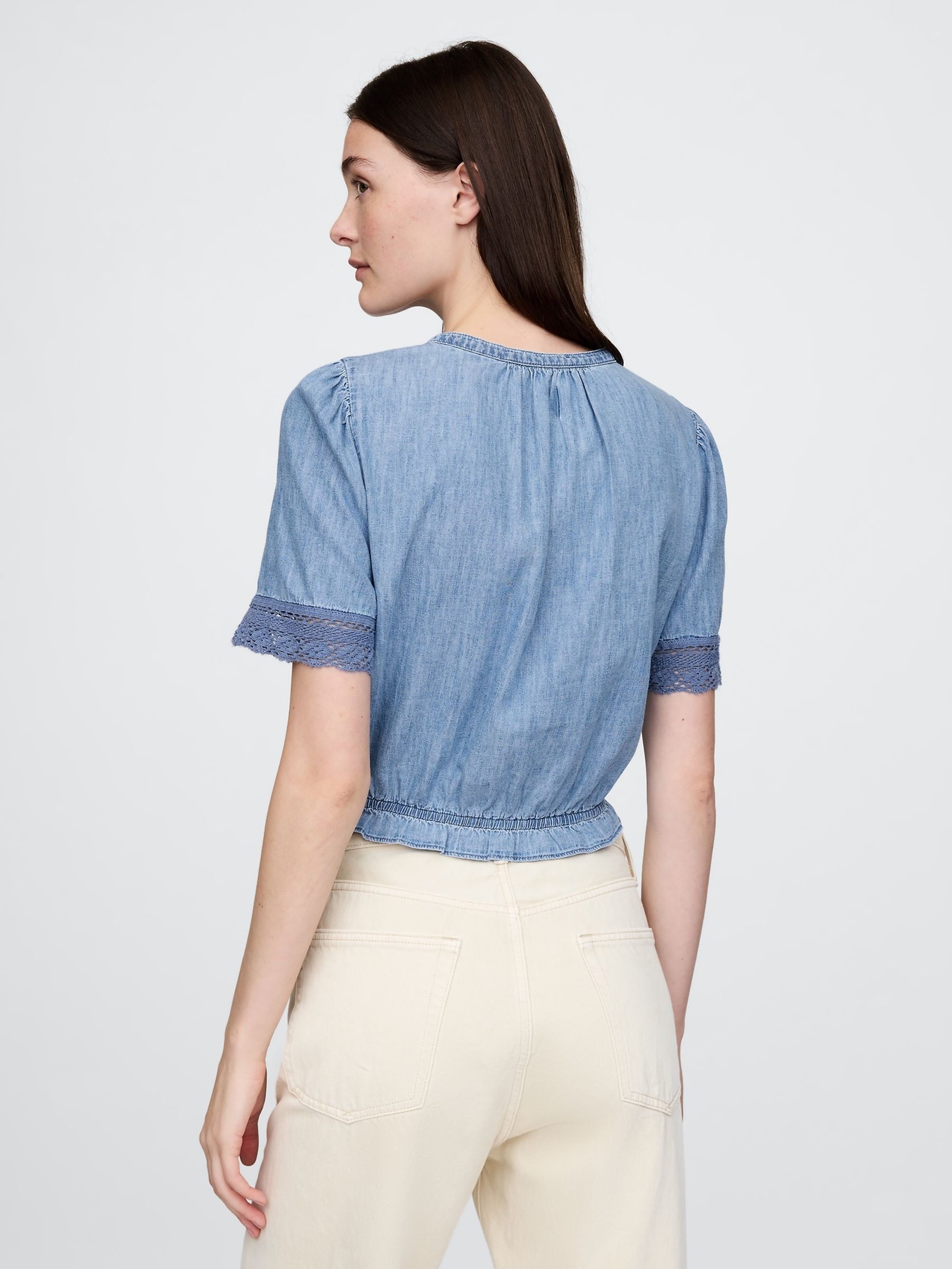 Blue Lace-Trim Cropped Denim Top - Image 2 of 5