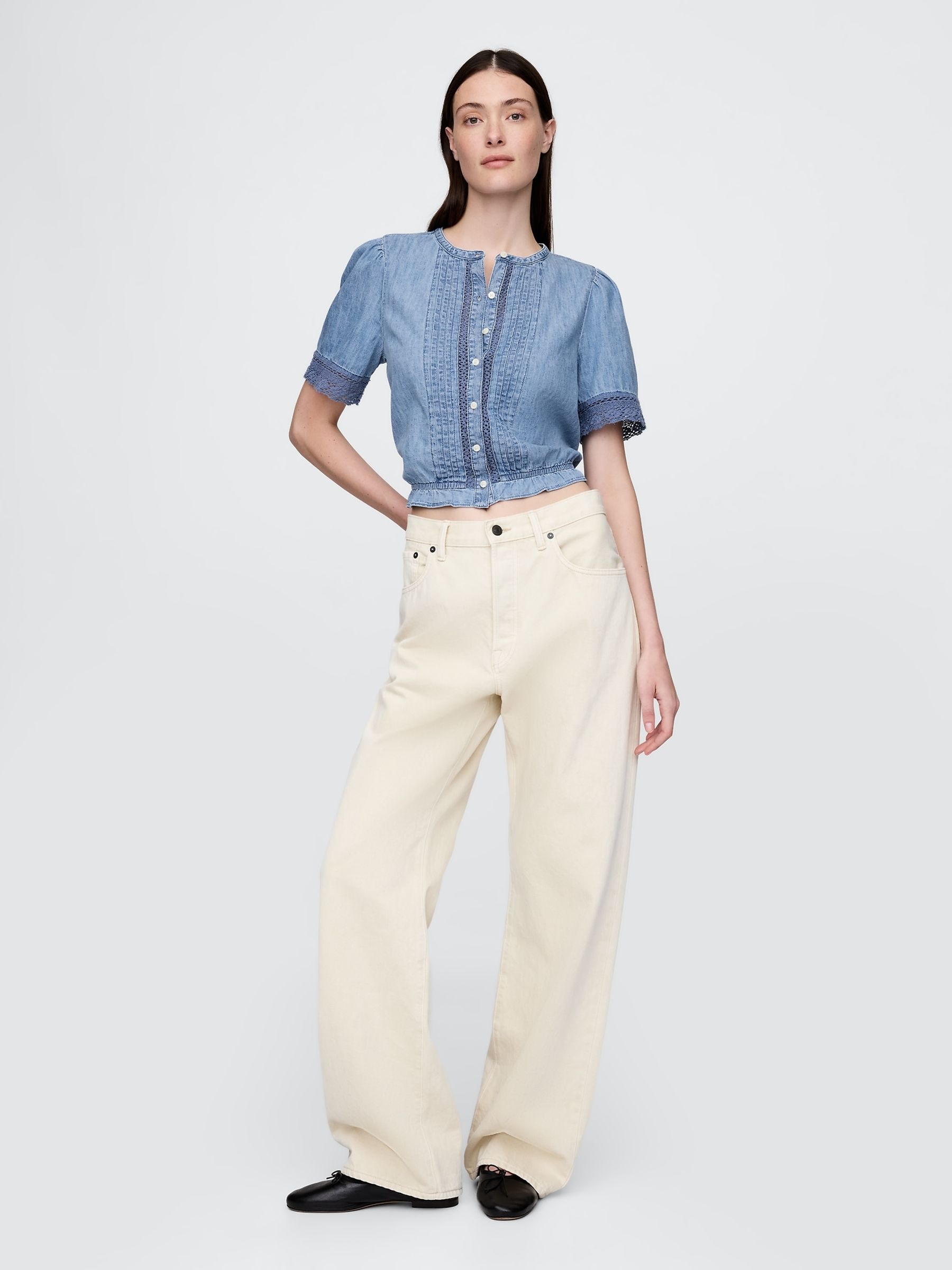 Blue Lace-Trim Cropped Denim Top - Image 3 of 5