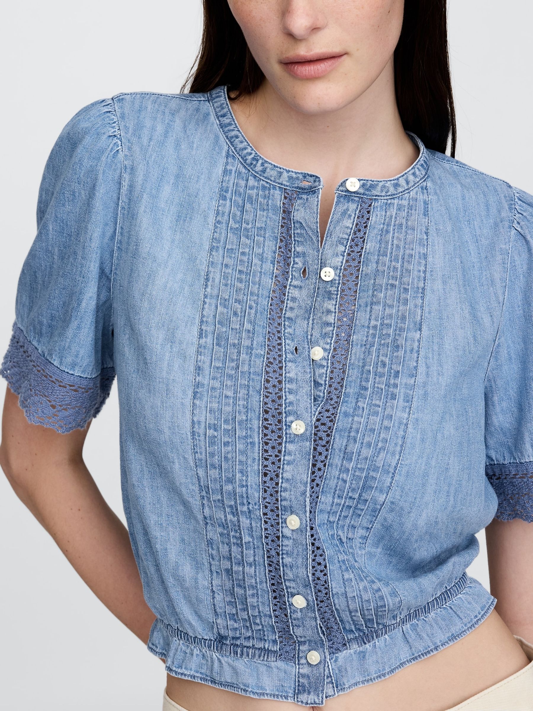 Blue Lace-Trim Cropped Denim Top - Image 4 of 5
