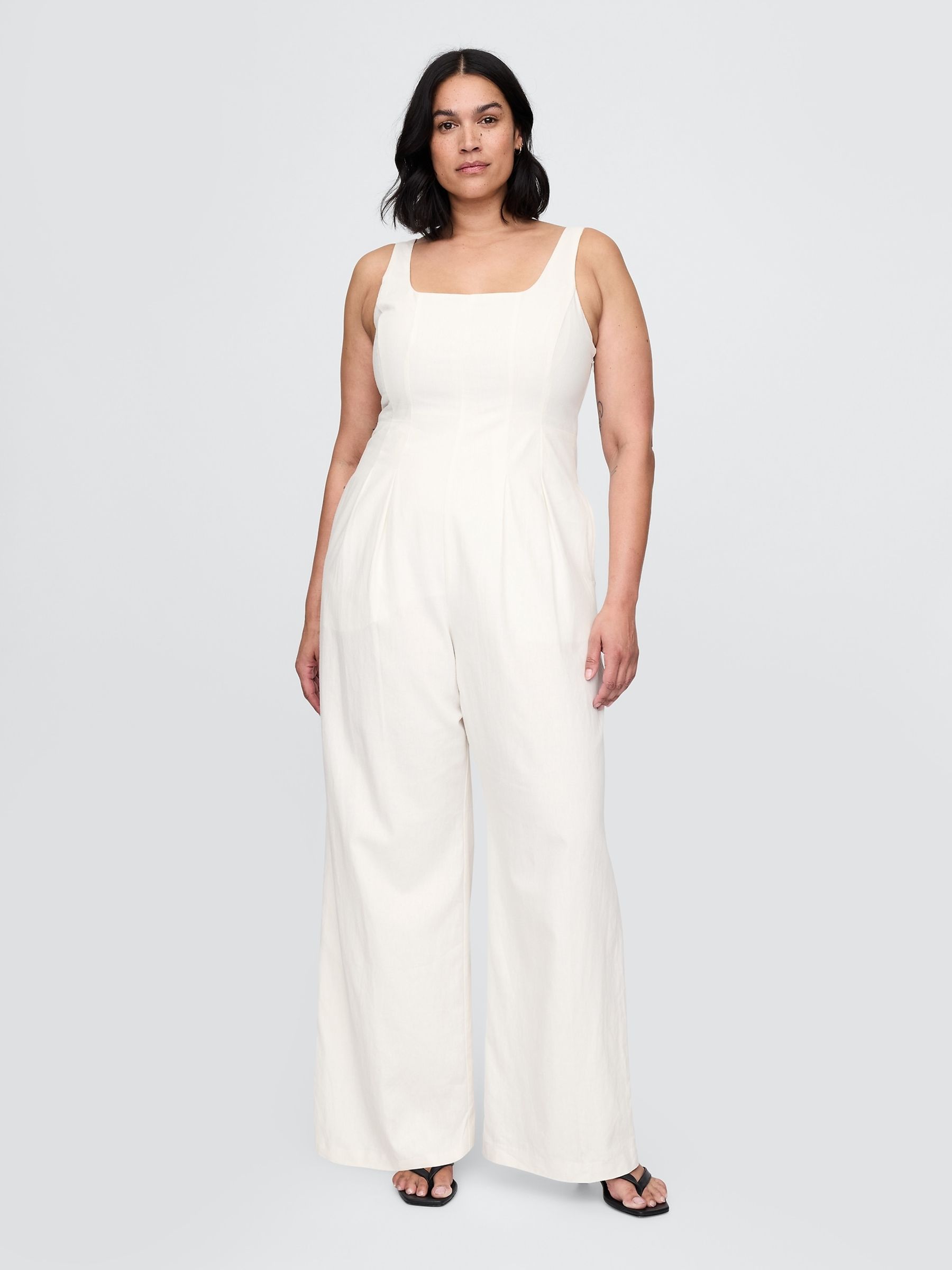 White Heavyweight Linen-Blend Seamed Jumpsuit - Image 1 of 5
