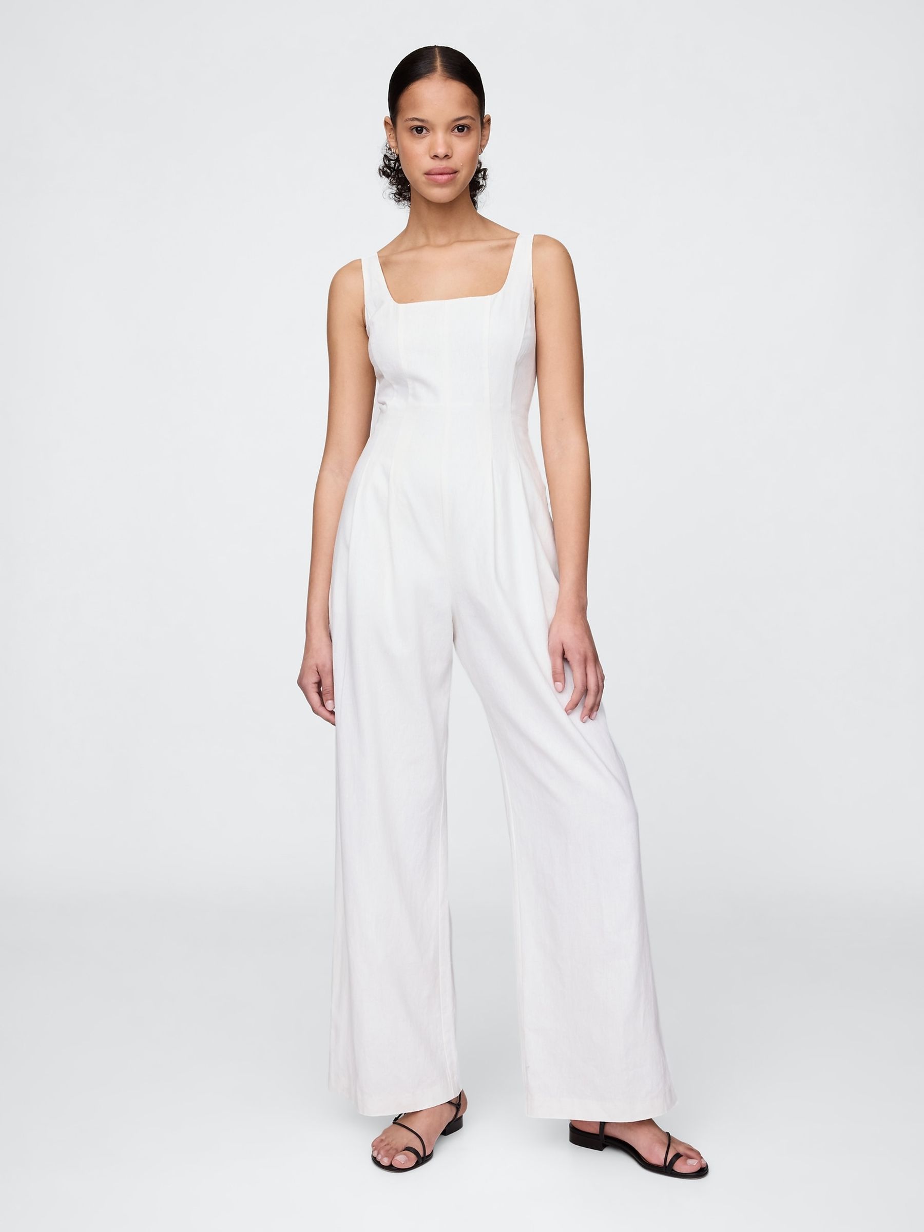 White Heavyweight Linen-Blend Seamed Jumpsuit - Image 2 of 5