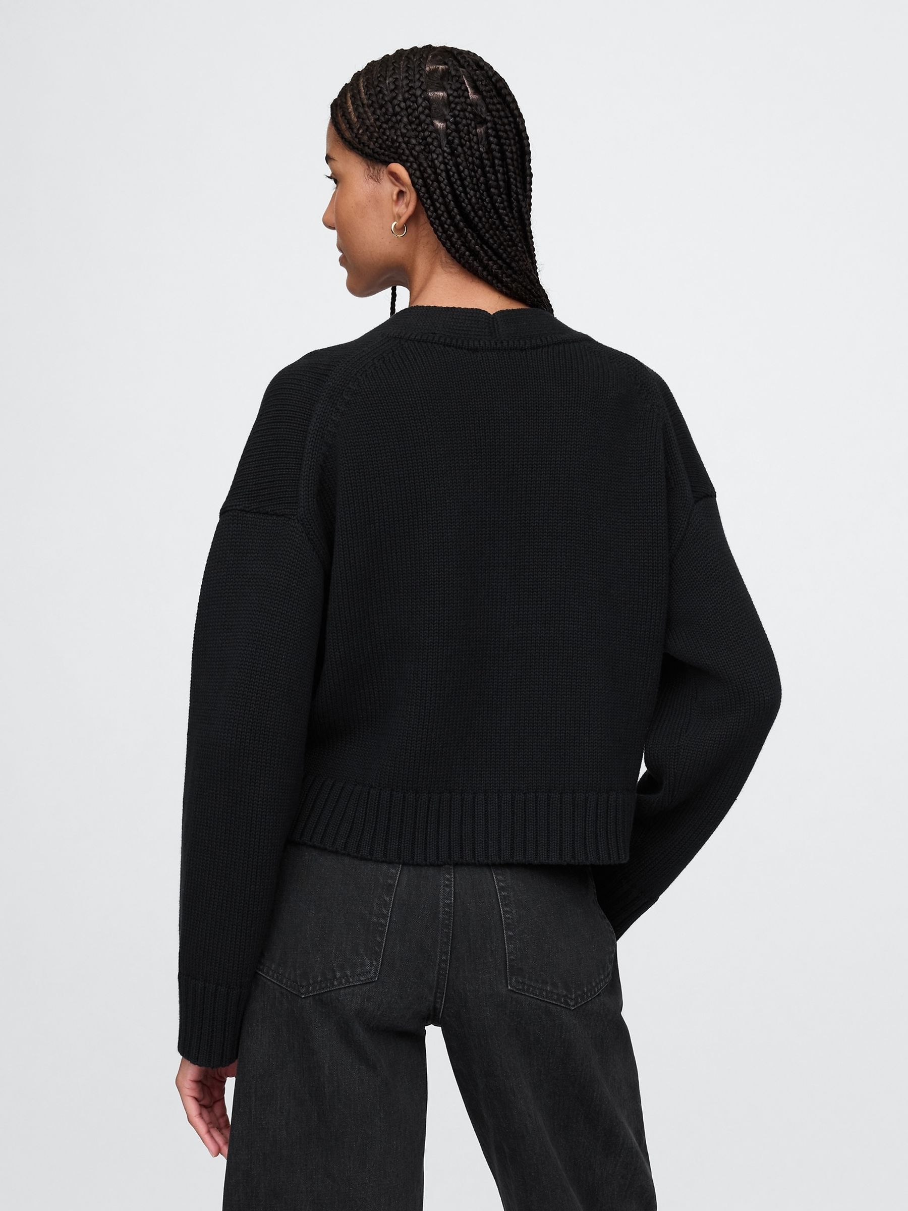 Black 100% Cotton V Neck Cropped Cardigan - Image 2 of 5