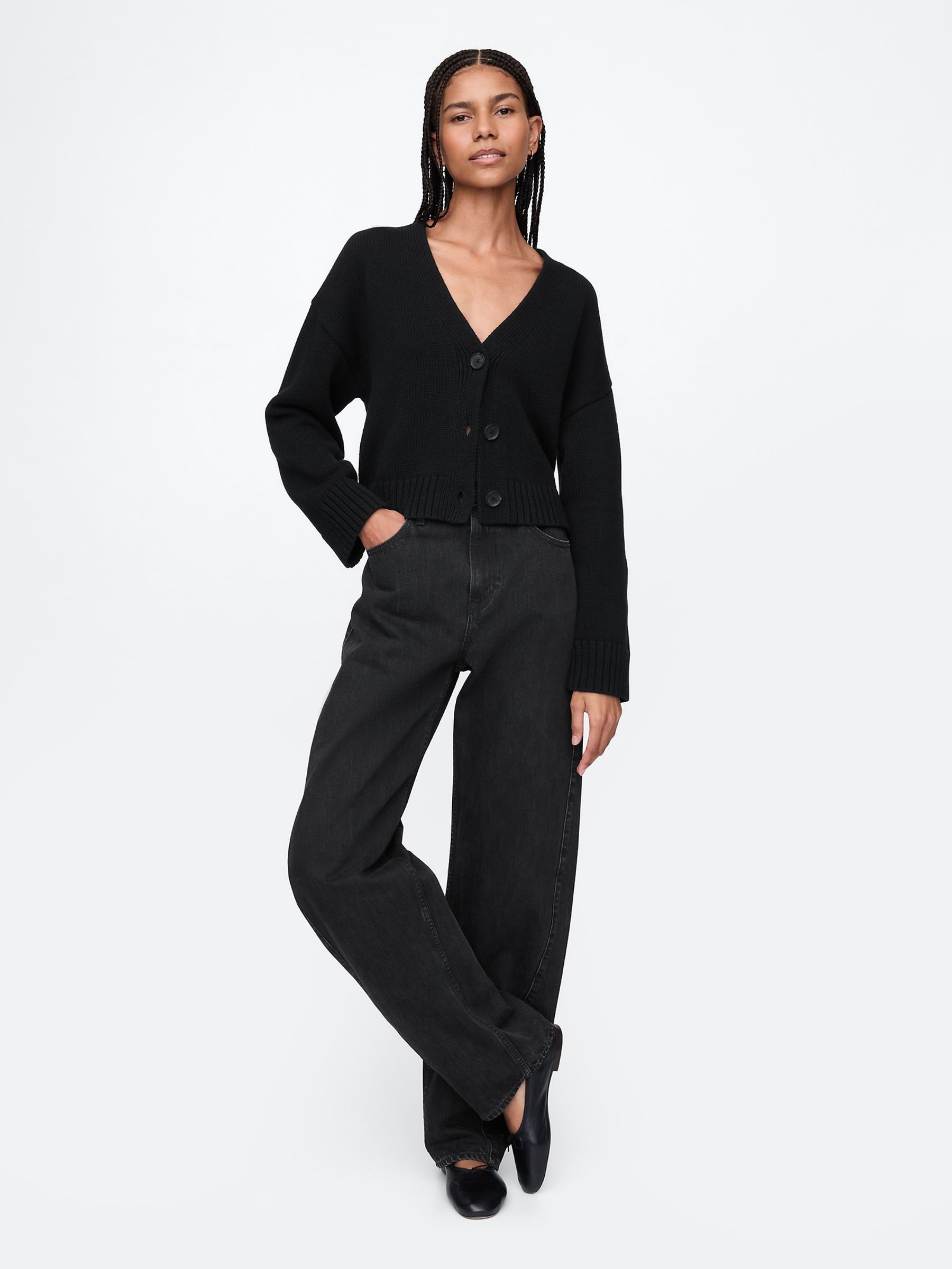 Black 100% Cotton V Neck Cropped Cardigan - Image 3 of 5