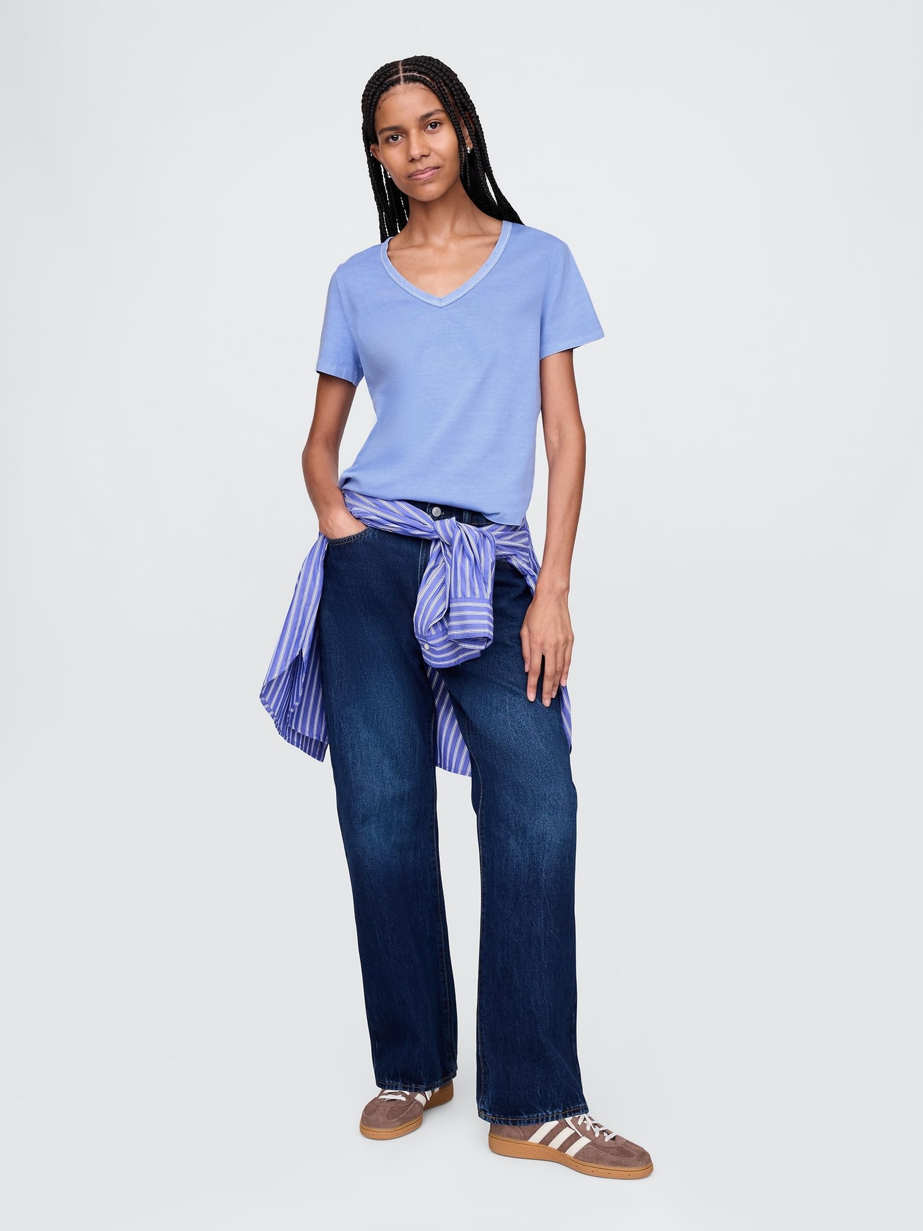 Blue V-Neck Organic Cotton Short Sleeve Vintage T-Shirt - Image 3 of 4