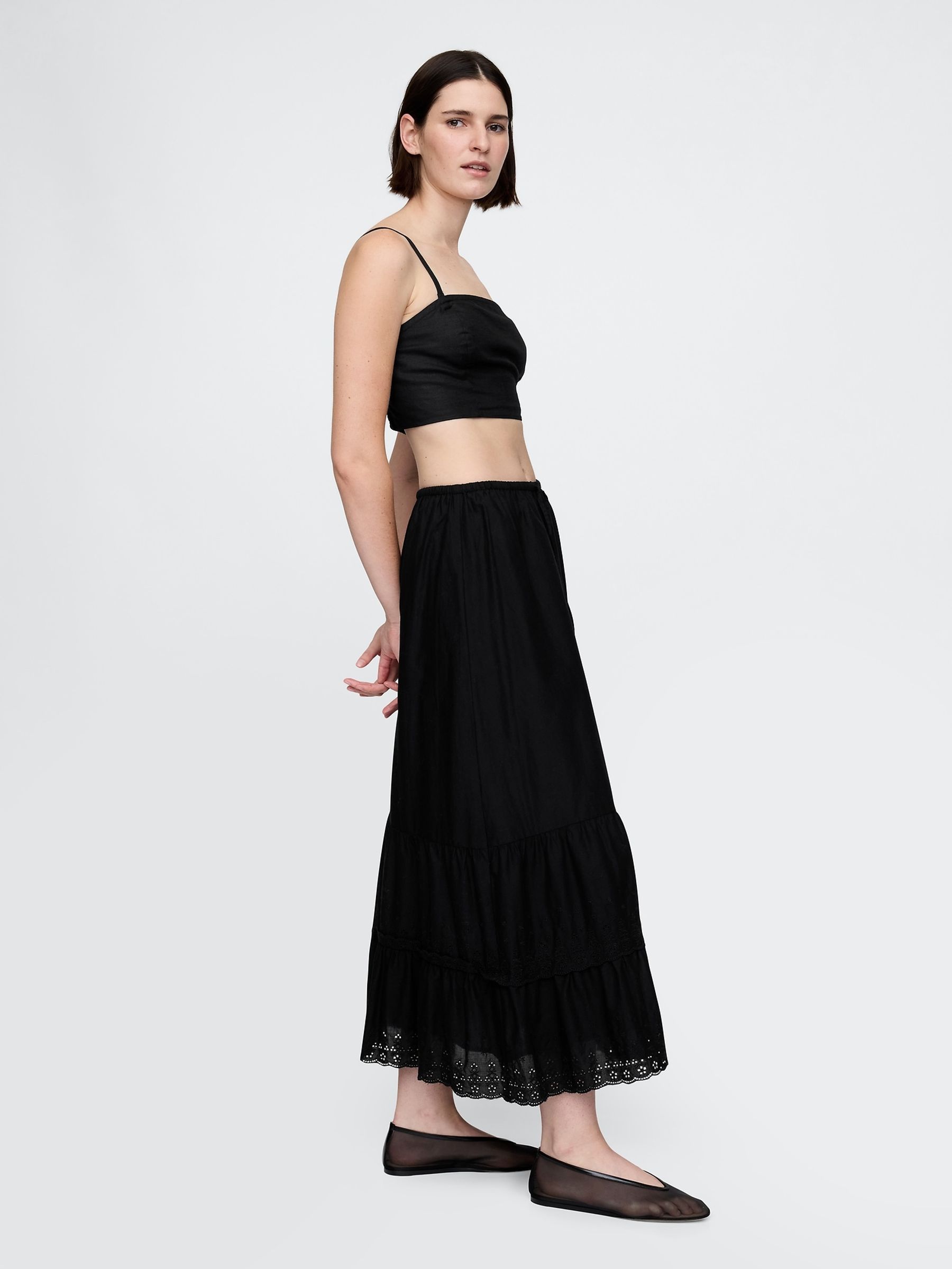 Black Cotton Easy Tiered Eyelet Maxi Skirt - Image 3 of 5