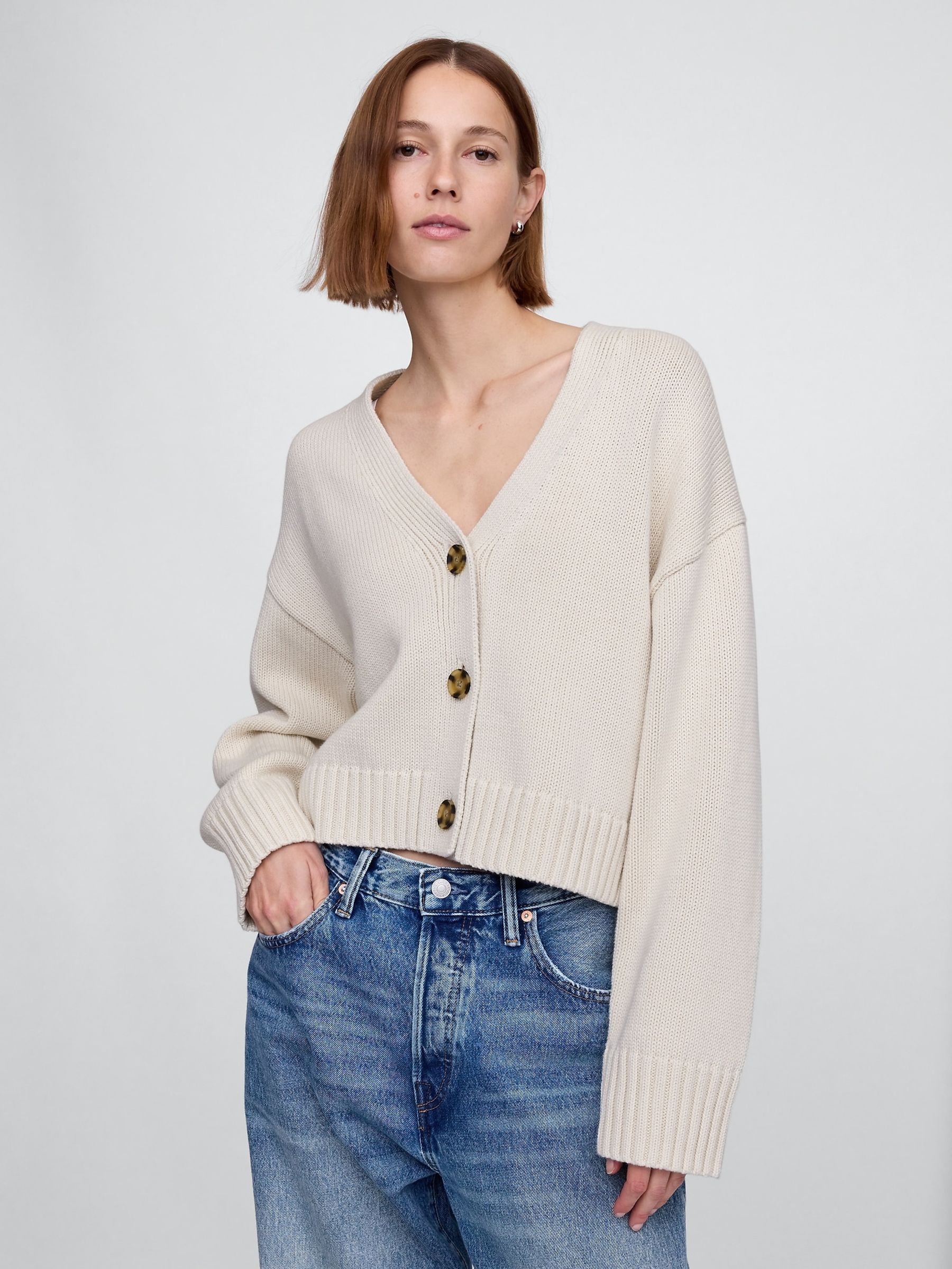 Beige 100% Cotton V Neck Cropped Cardigan - Image 1 of 5 Beige 100% Cotton V Neck Cropped Cardigan - Image 1 of 5