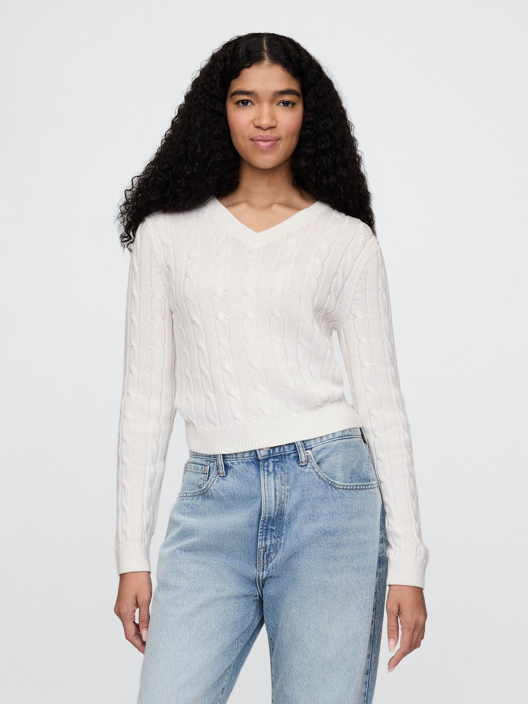 White Classic Cable-Knit V Neck Jumper - Image 1 of 4