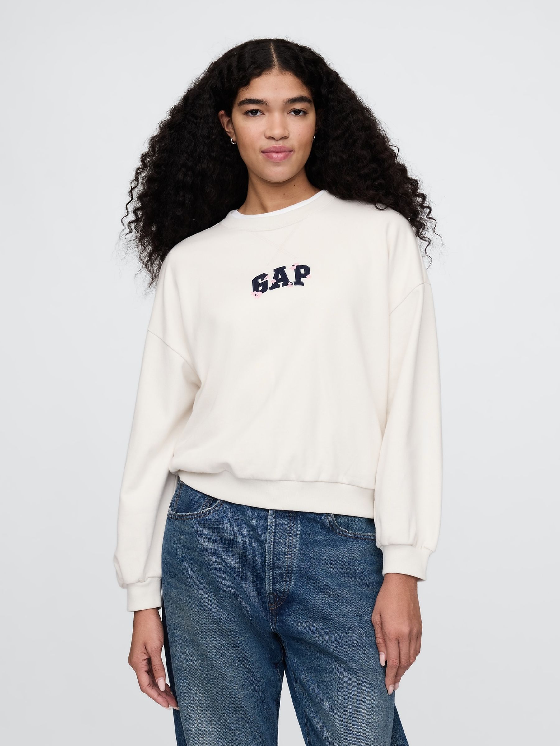 Cream Cherry Blossom Logo Vintage Fleece-Lined Oversized Sweatshirt - Image 3 of 5