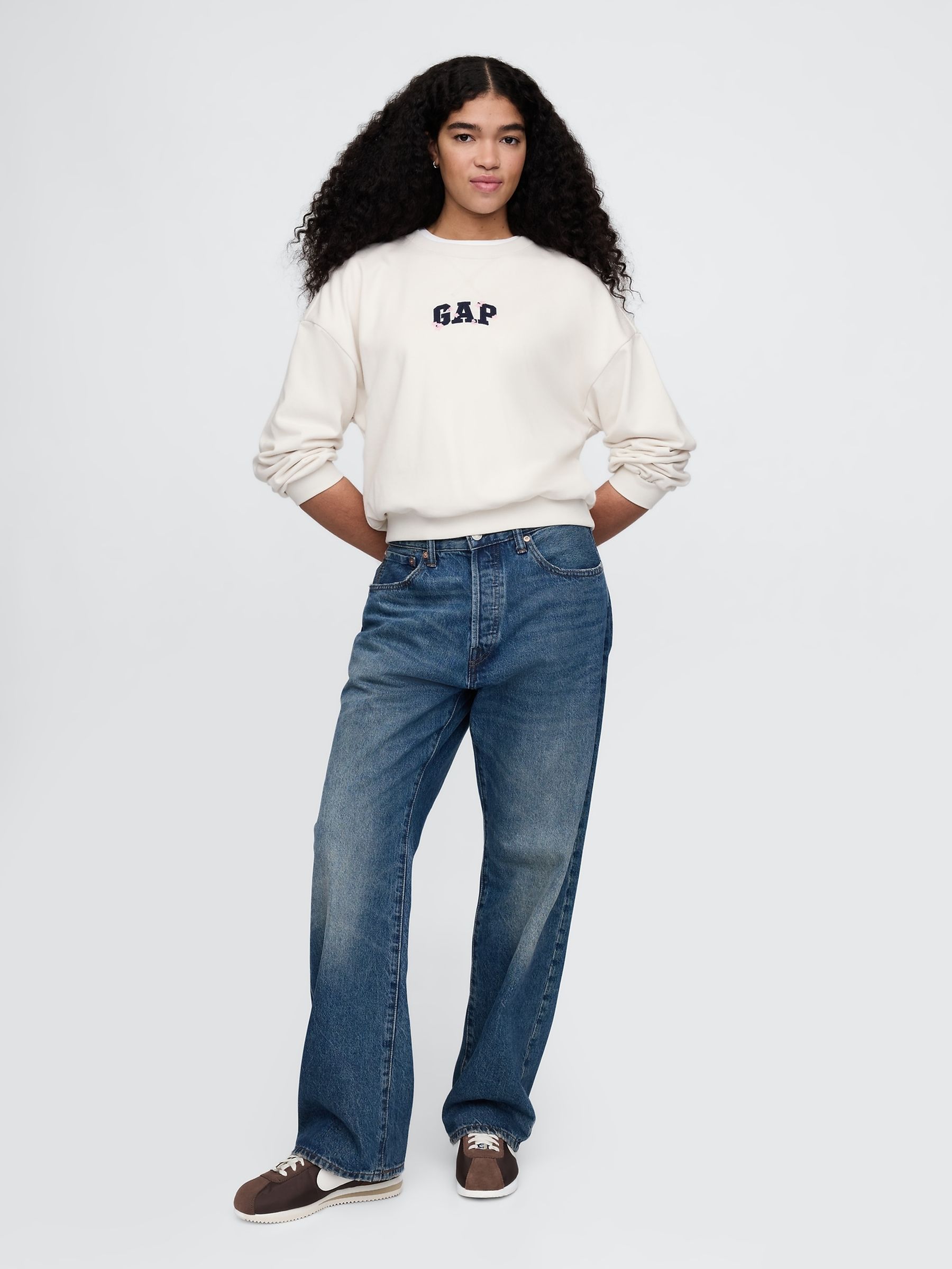 Cream Cherry Blossom Logo Vintage Fleece-Lined Oversized Sweatshirt - Image 4 of 5
