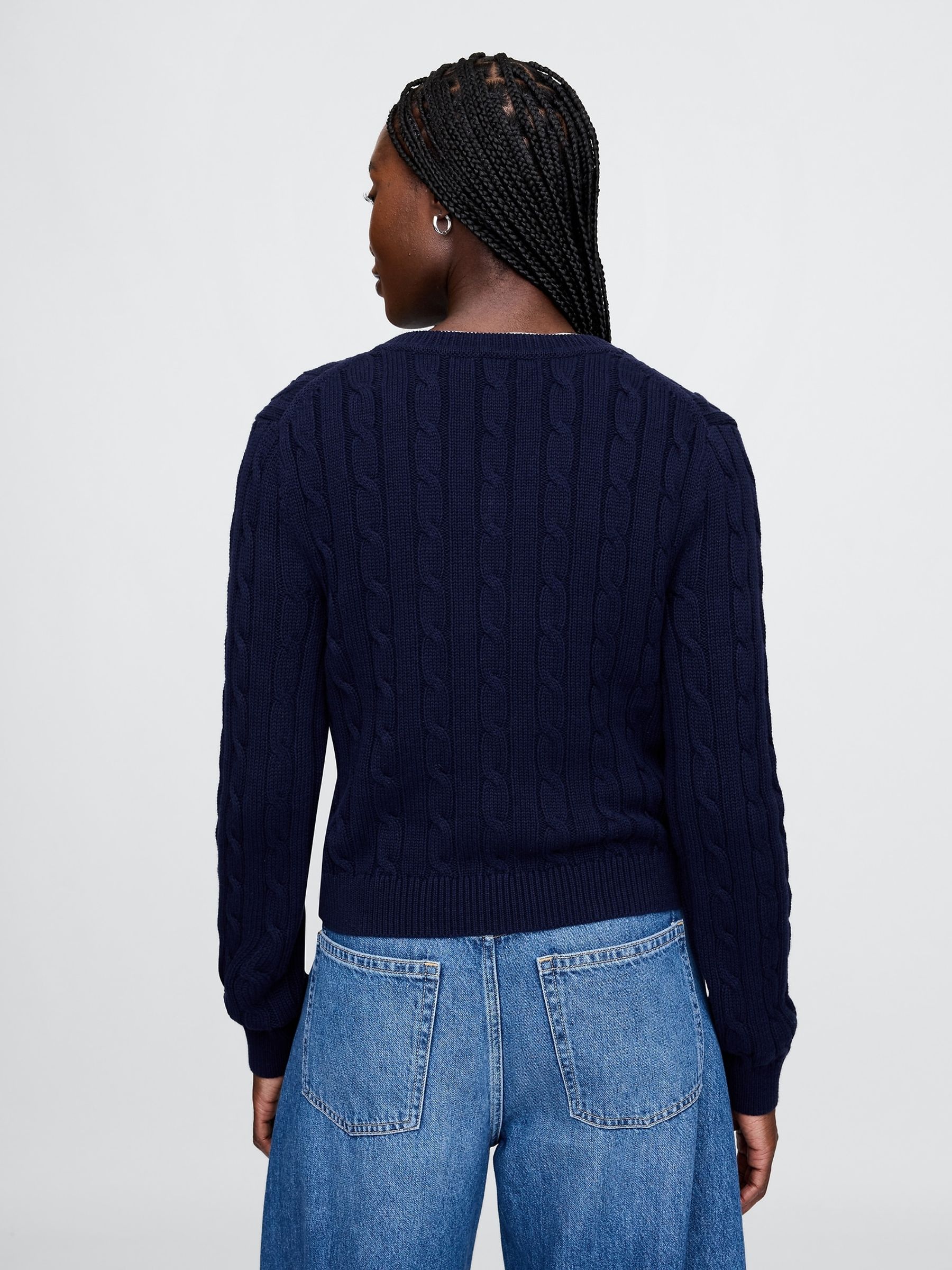 Navy/Blue Classic Cable-Knit V Neck Jumper - Image 2 of 5