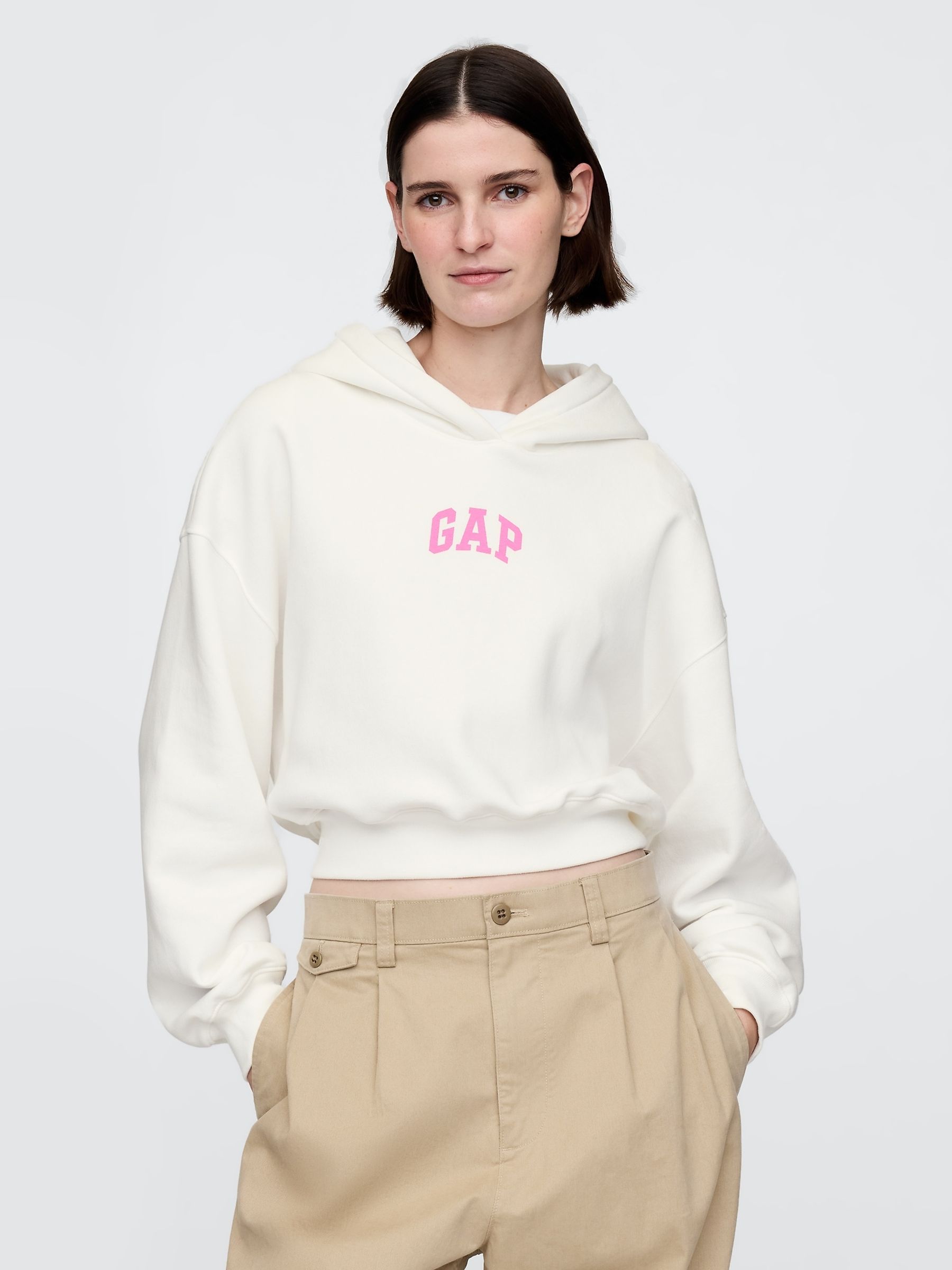 White & Fluro Pink Vintage Soft Logo Cropped Hoodie - Image 1 of 4