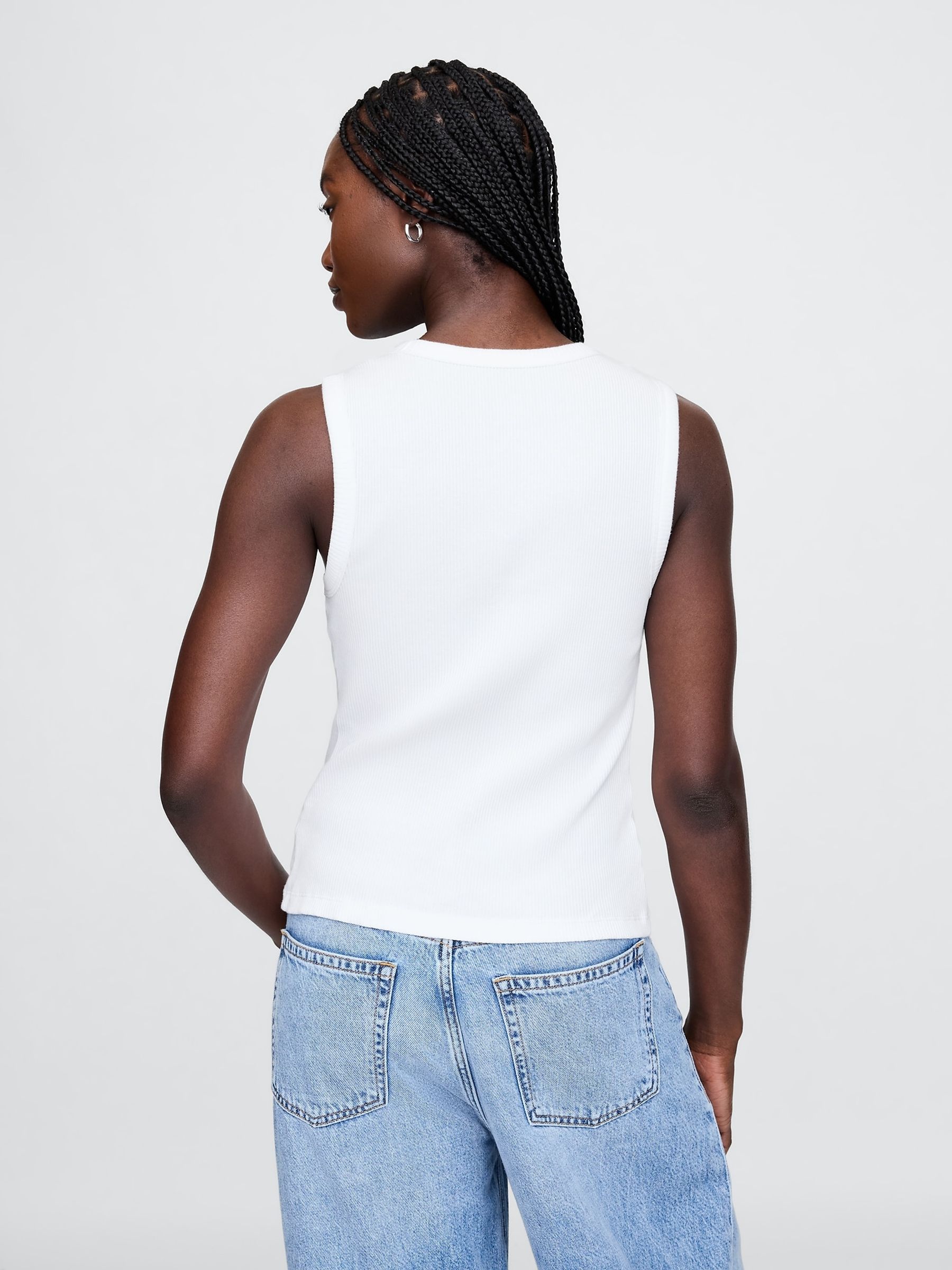 White Ribbed Knit Cotton Stretch Scoop Vest - Image 2 of 4
