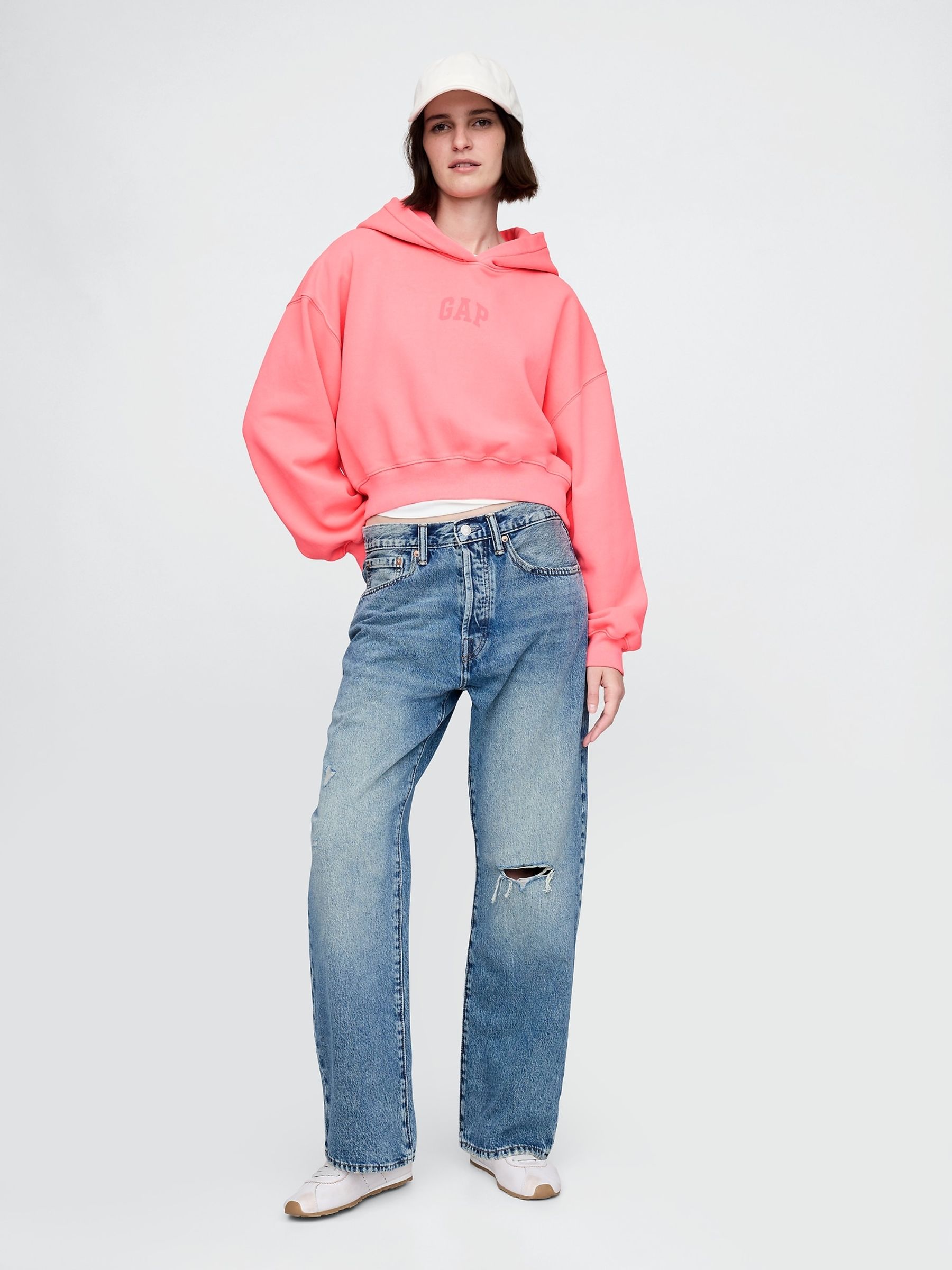 Fluro Pink Vintage Soft Logo Cropped Hoodie - Image 3 of 4