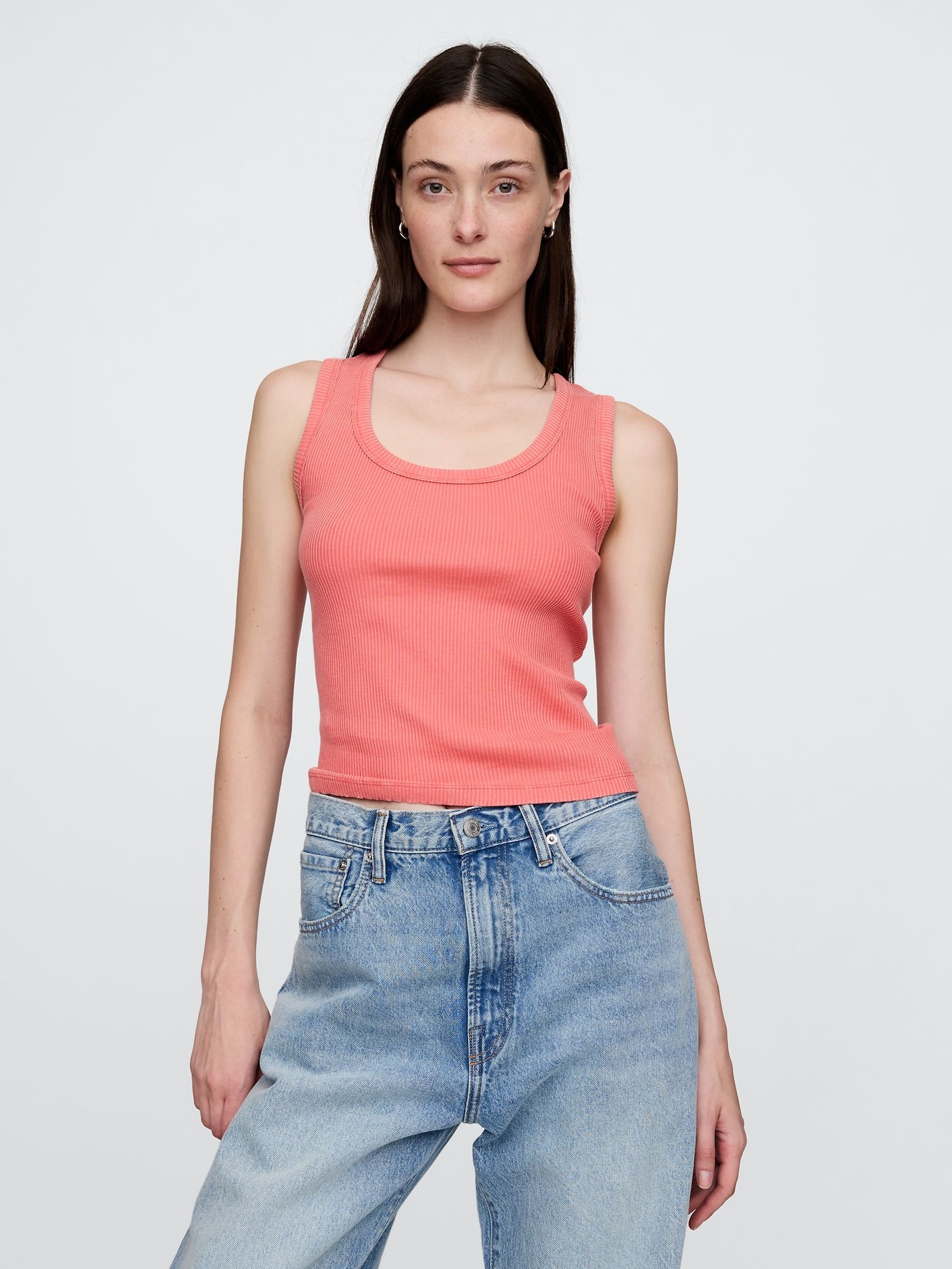 Coral Pink Ribbed Knit Cotton Stretch Scoop Vest - Image 1 of 5