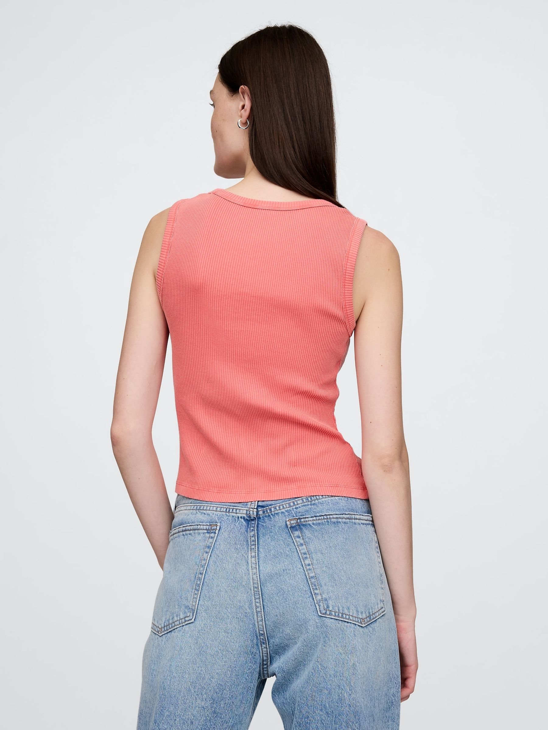 Coral Pink Ribbed Knit Cotton Stretch Scoop Vest - Image 2 of 5