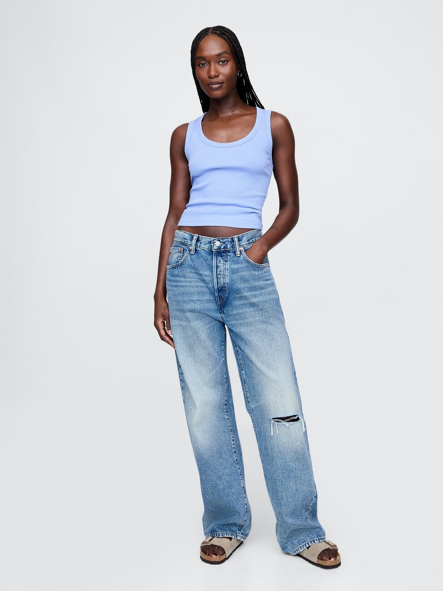 Light Blue Ribbed Knit Cotton Stretch Scoop Vest - Image 3 of 5