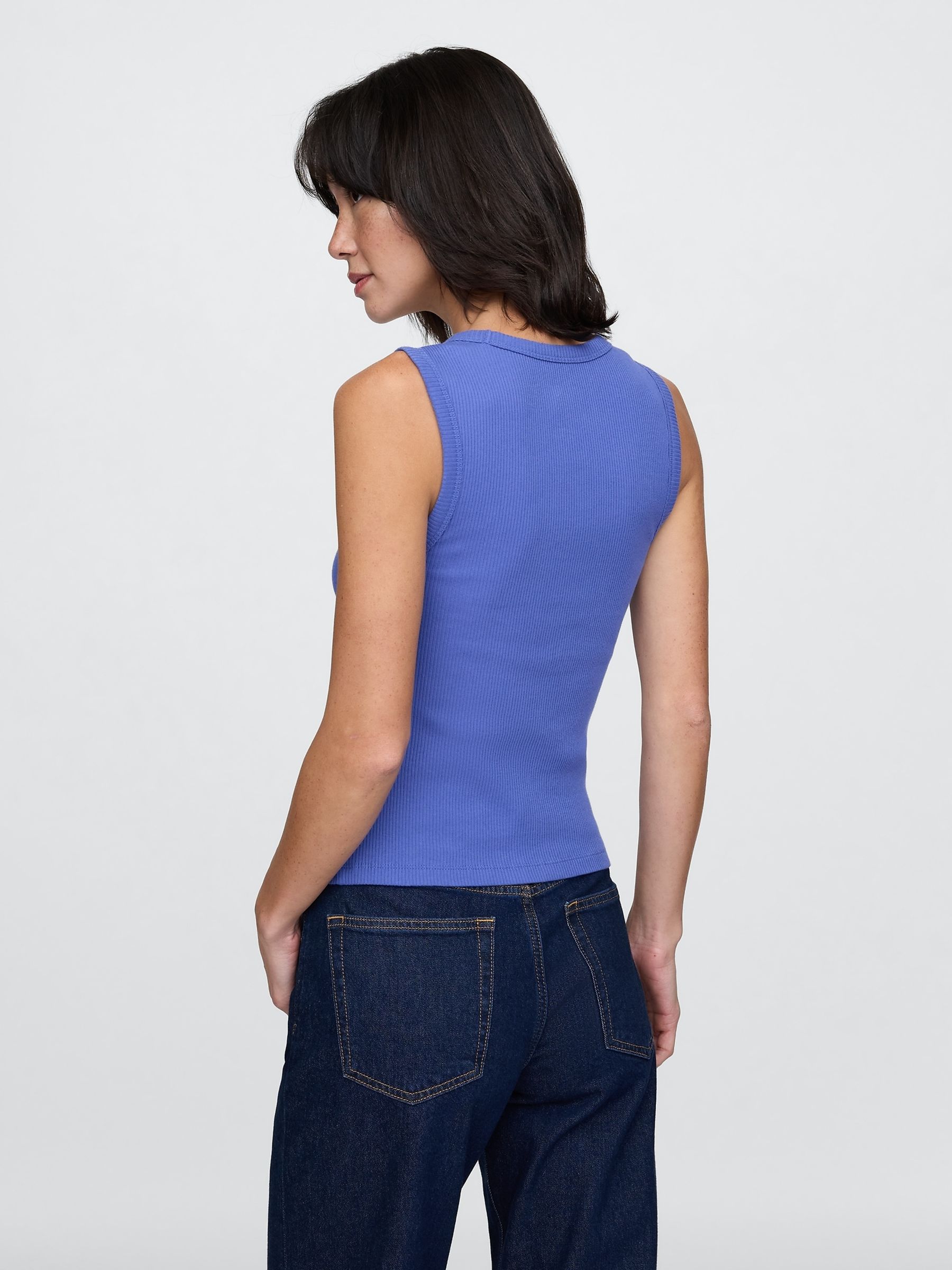 Blue Ribbed Knit Cotton Stretch Scoop Vest - Image 2 of 4