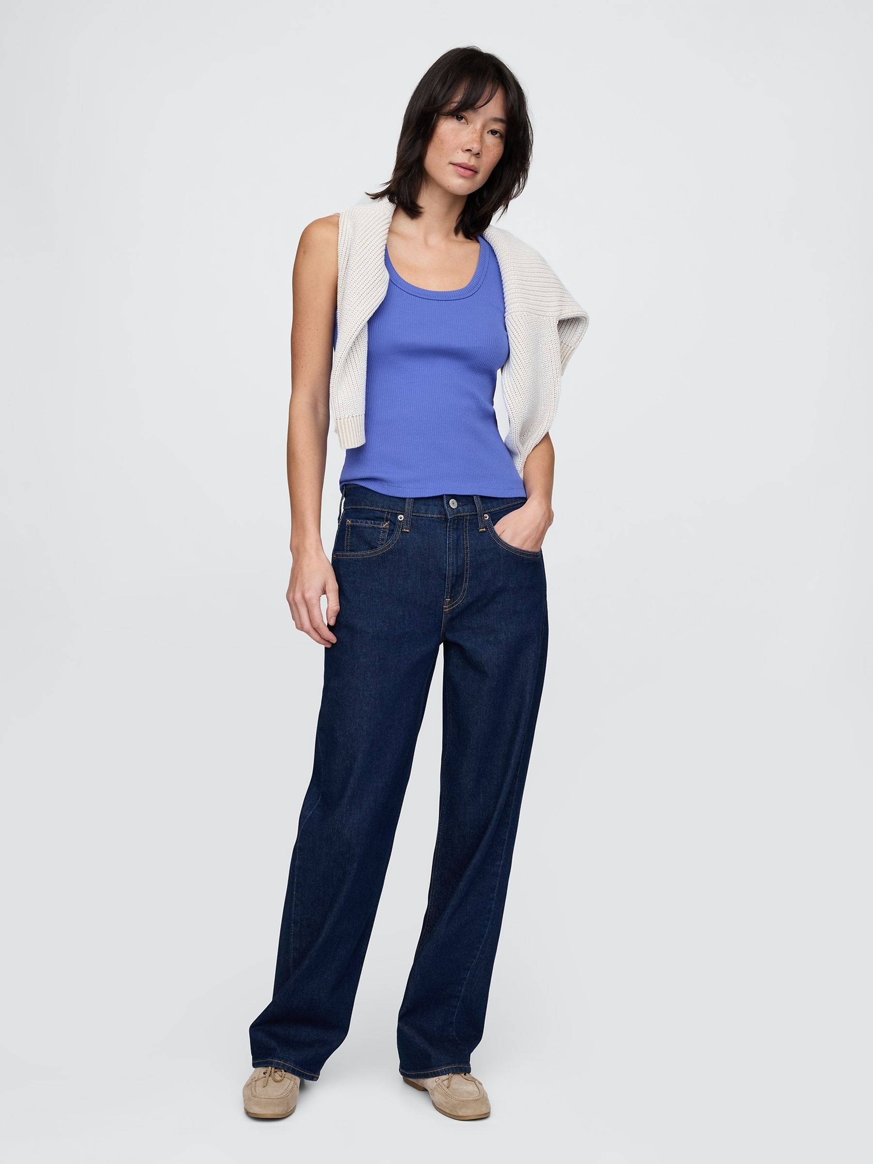Blue Ribbed Knit Cotton Stretch Scoop Vest - Image 3 of 4