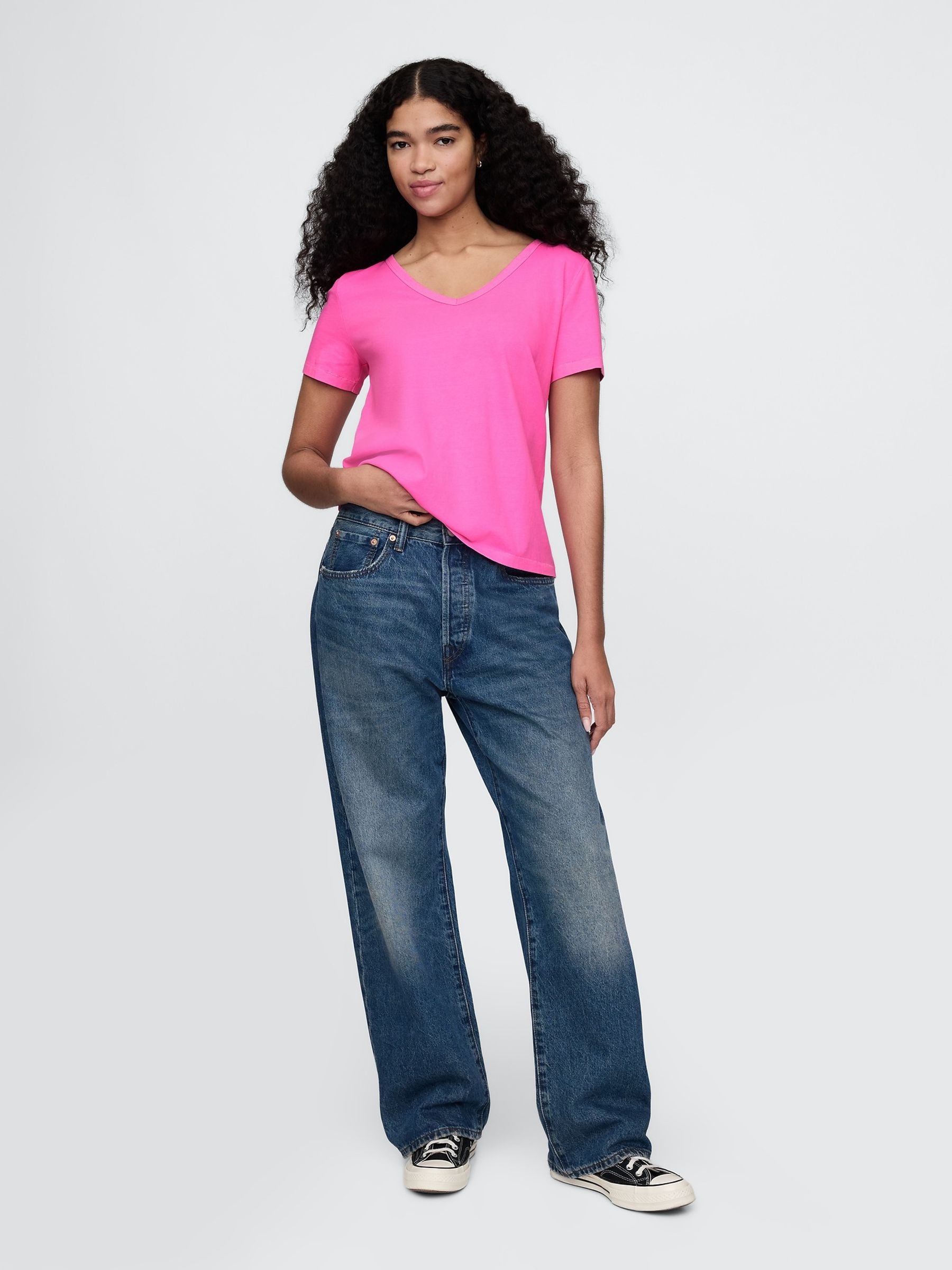 Pink V-Neck Vintage 100% Organic Cotton Short Sleeve T-Shirt - Image 3 of 5