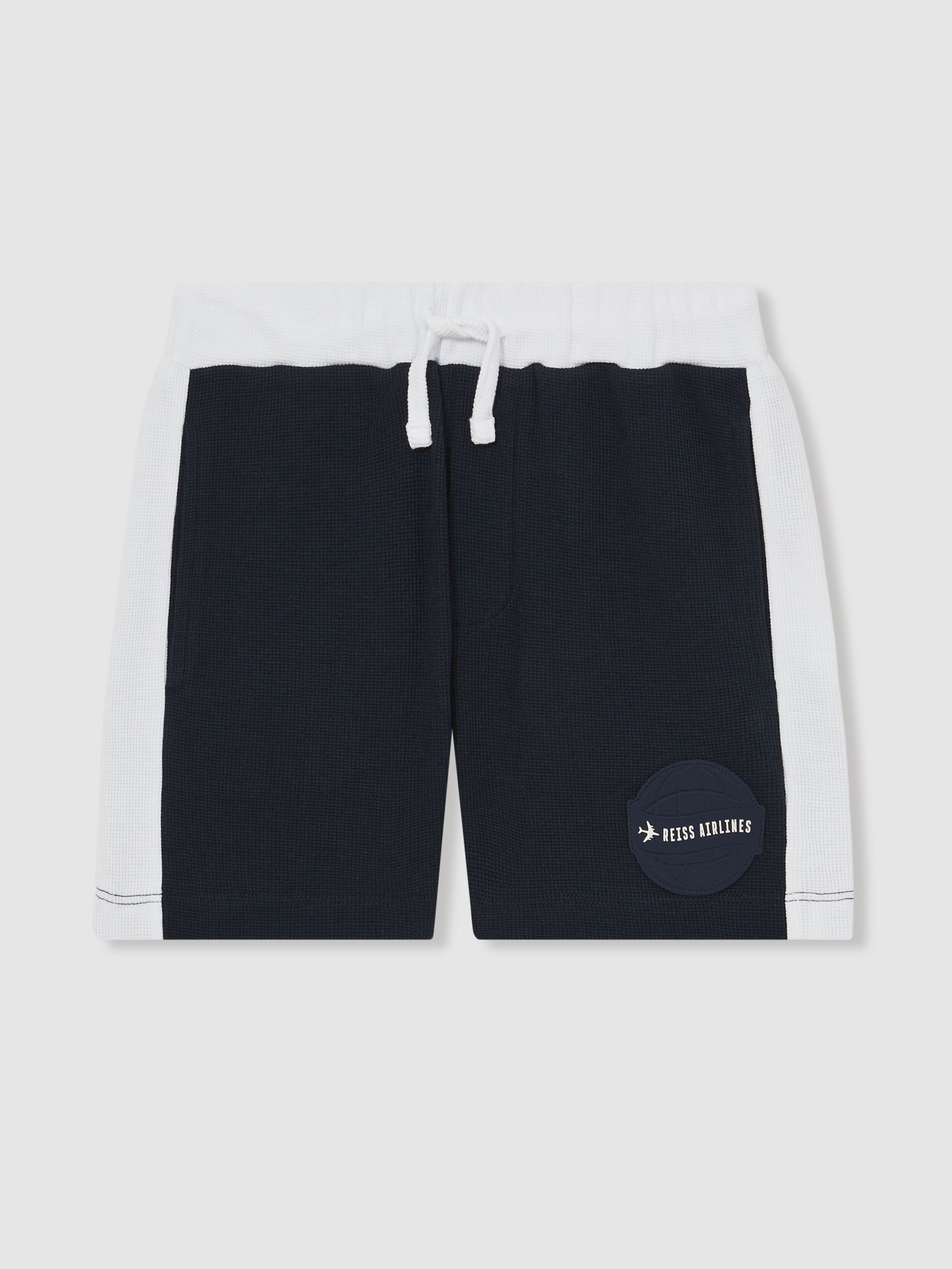 3-9 yrs Cotton Waffle-Knit Badge Shorts in Off White/Navy - Image 2 of 4