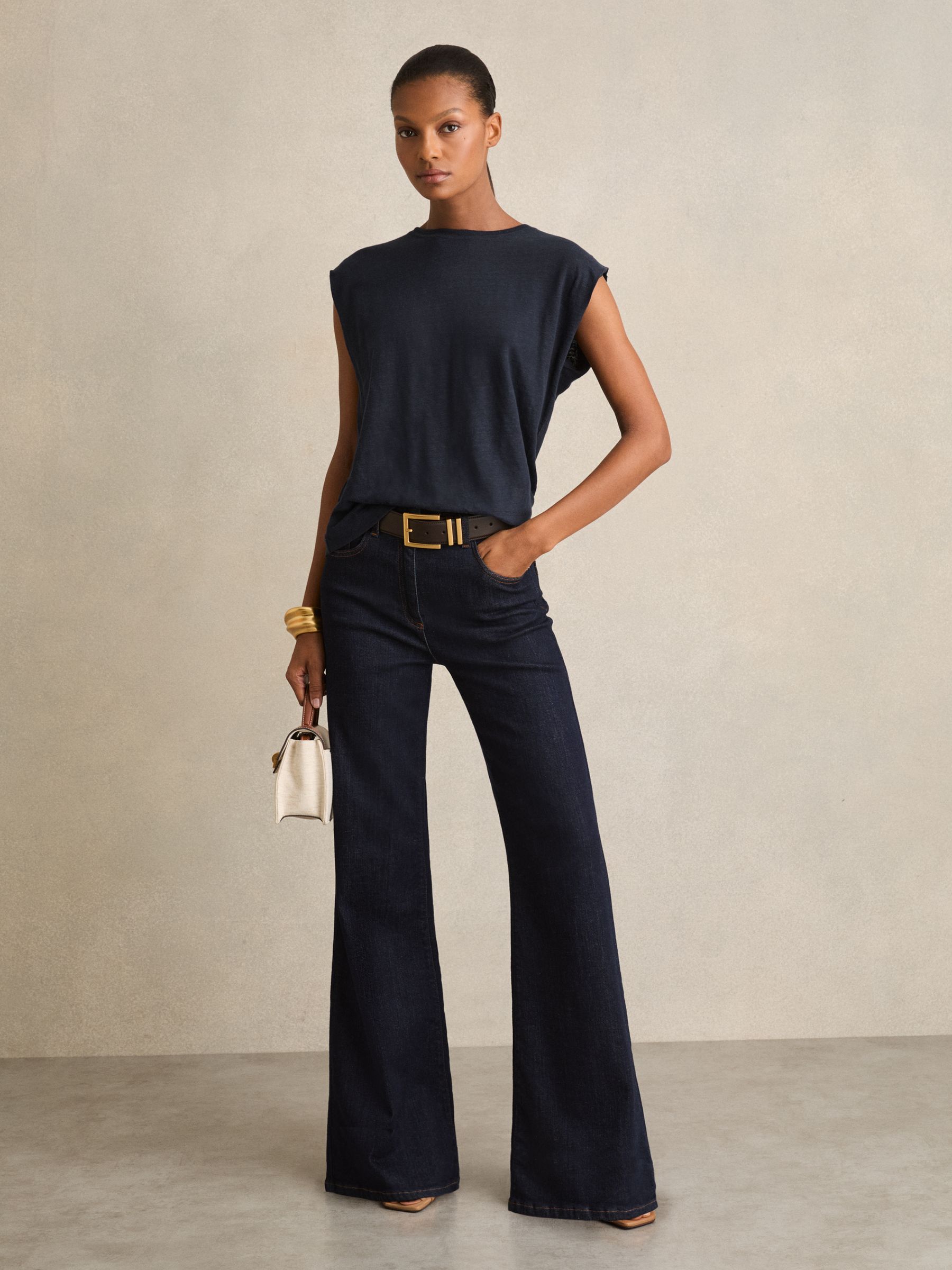Linen Cap-Sleeve T-Shirt in Navy - image 3