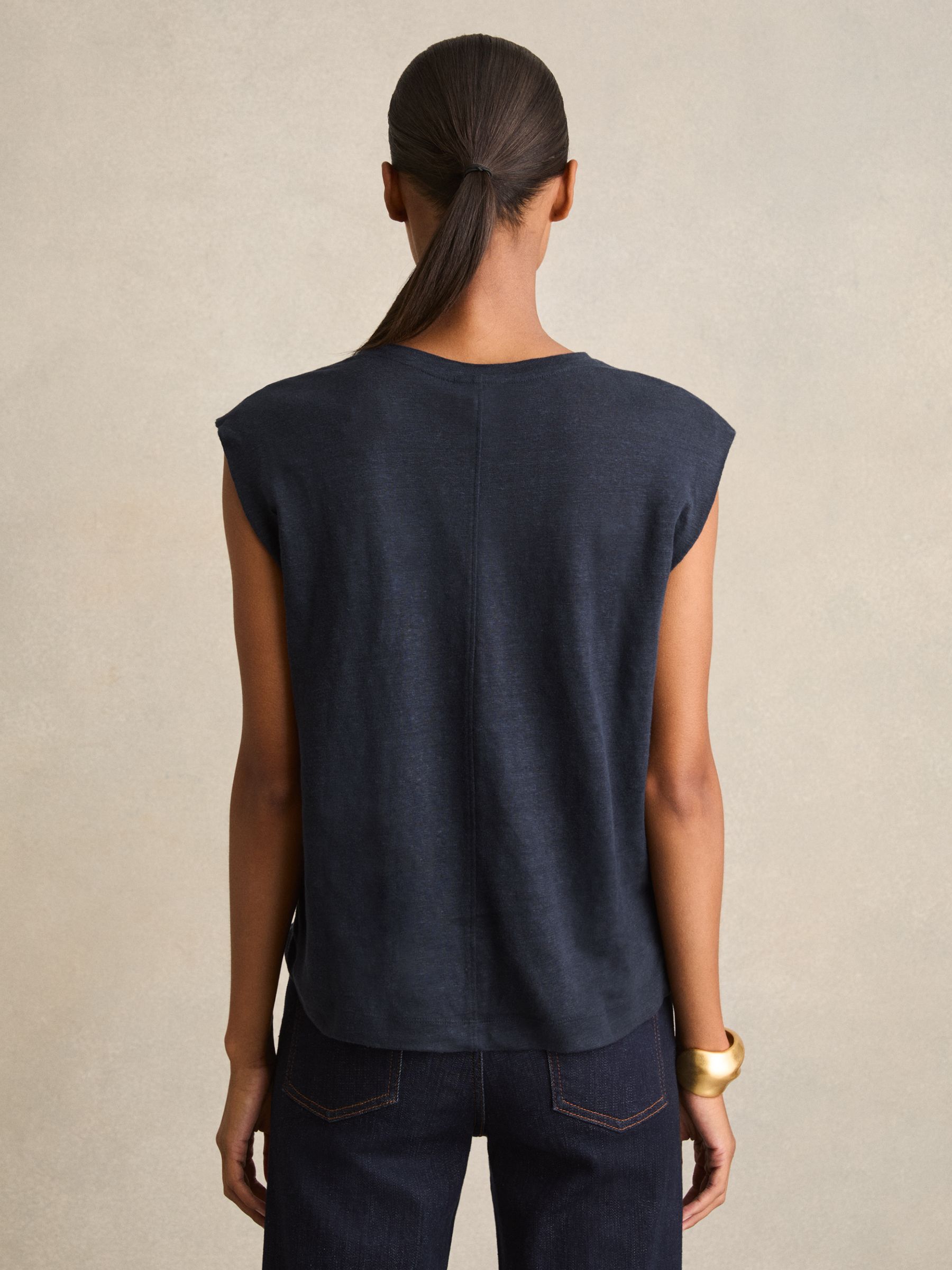 Linen Cap-Sleeve T-Shirt in Navy - Image 4 of 6