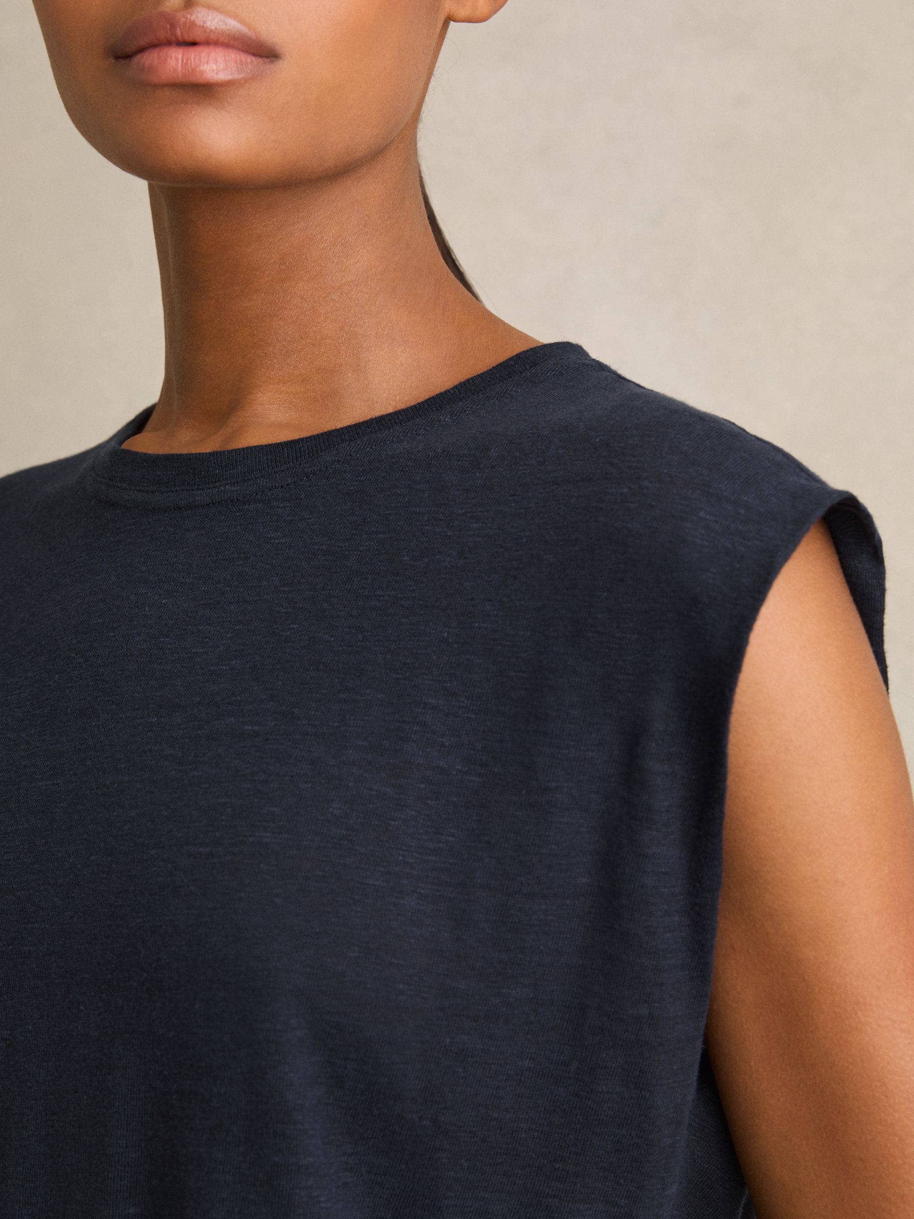Linen Cap-Sleeve T-Shirt in Navy - Image 5 of 6