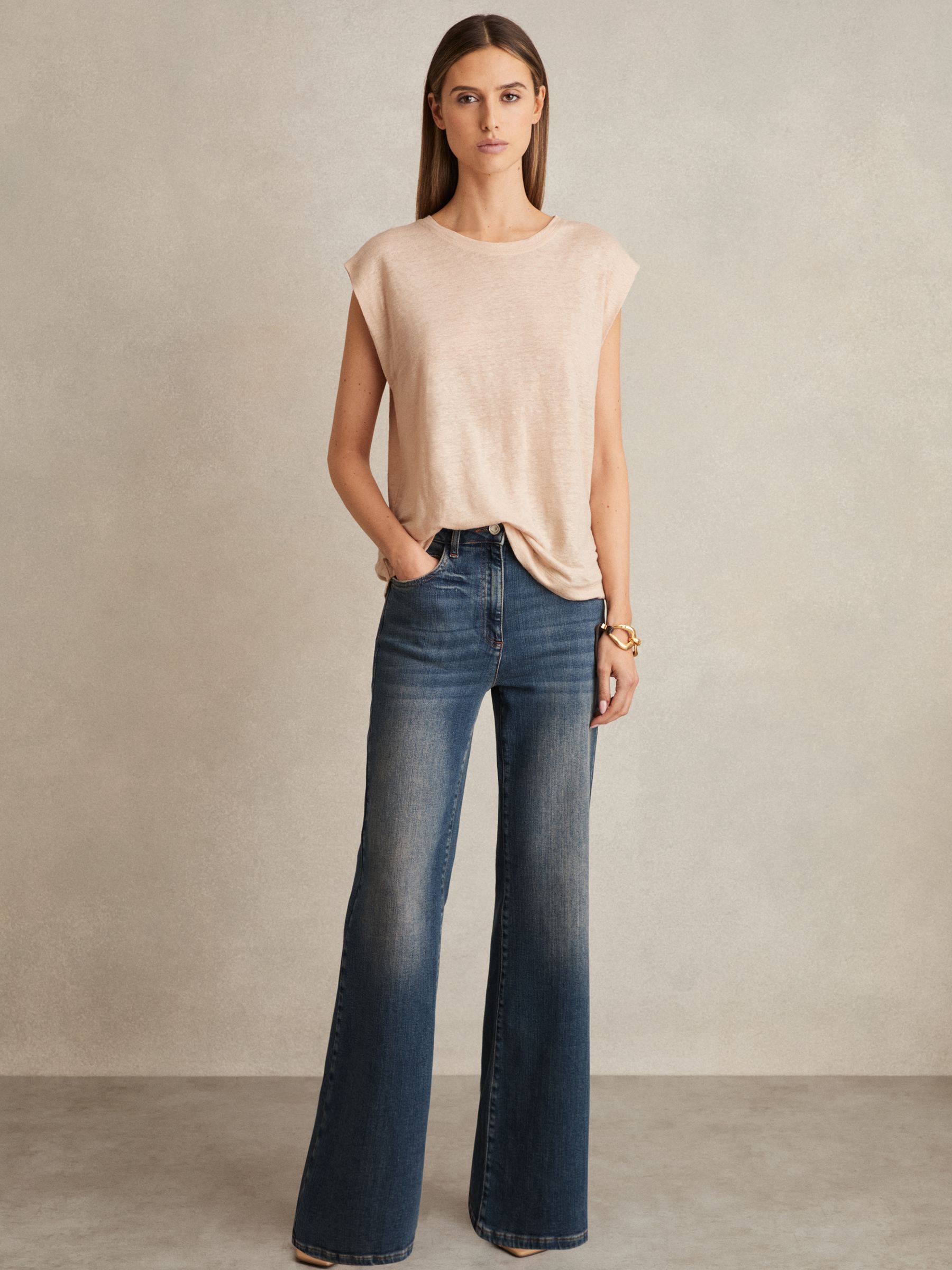 Linen Cap-Sleeve T-Shirt in Peach - image 3
