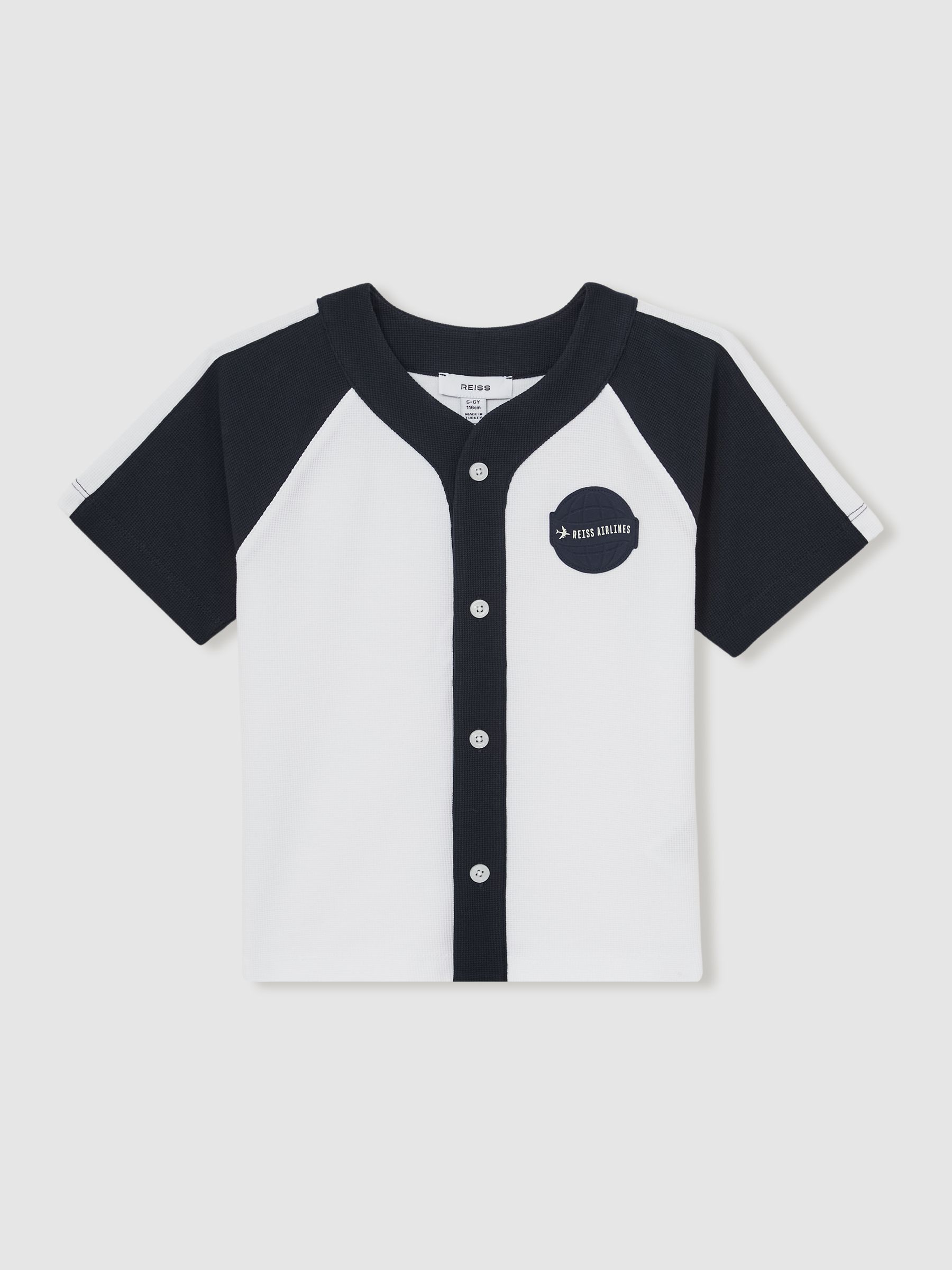 9-13 yrs Cotton Waffle-Knit Badge Shirt in Off White/Navy - Image 2 of 4