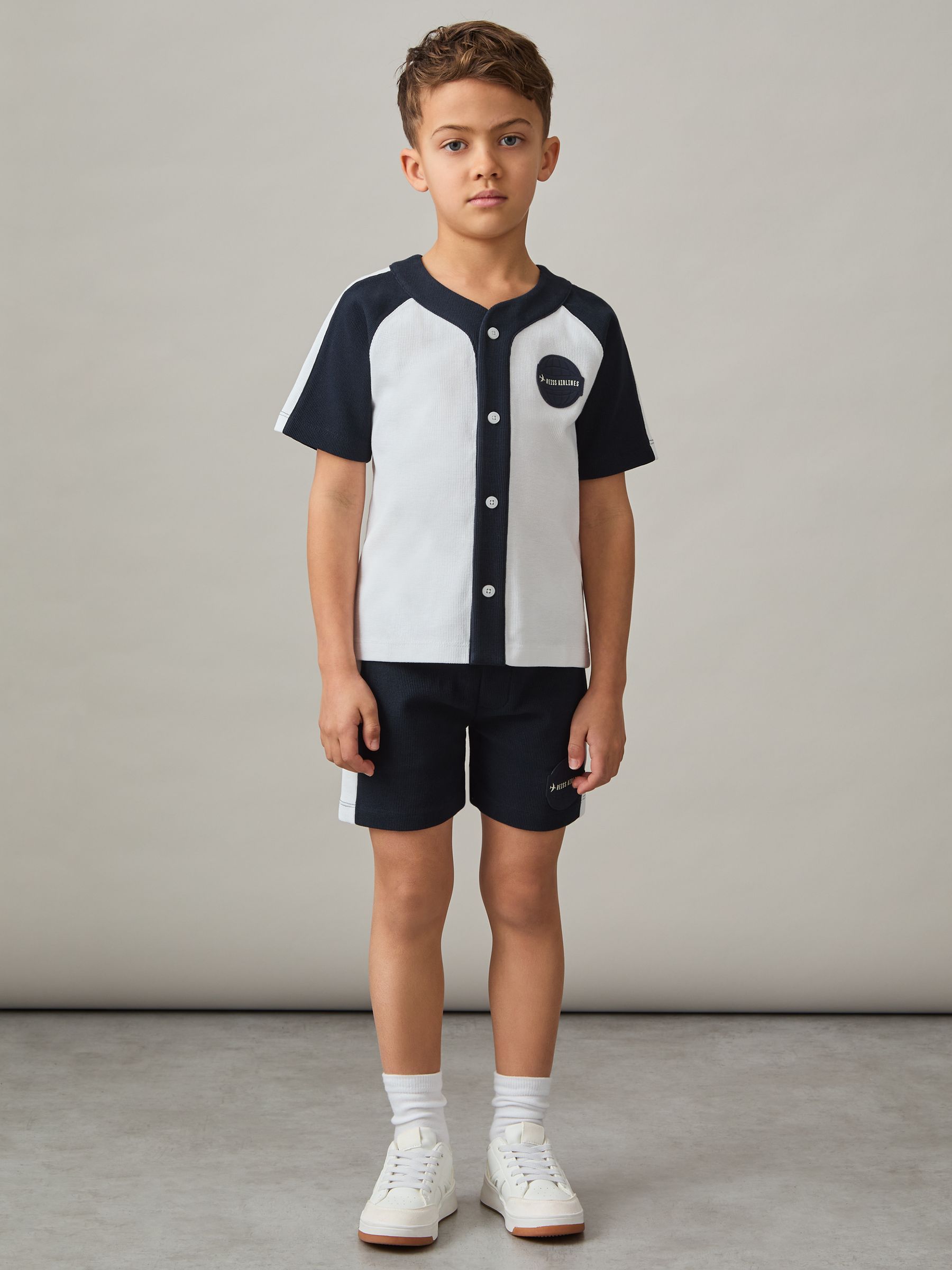9-13 yrs Cotton Waffle-Knit Badge Shirt in Off White/Navy - Image 3 of 4
