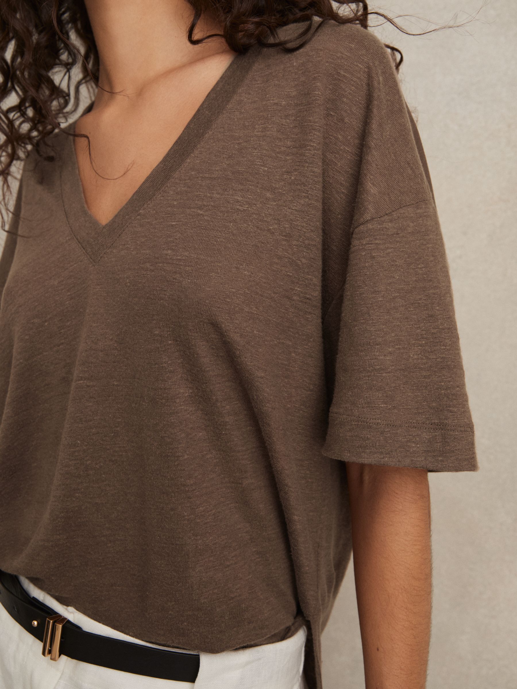 Linen V-Neck T-Shirt in Brown - Image 3 of 5