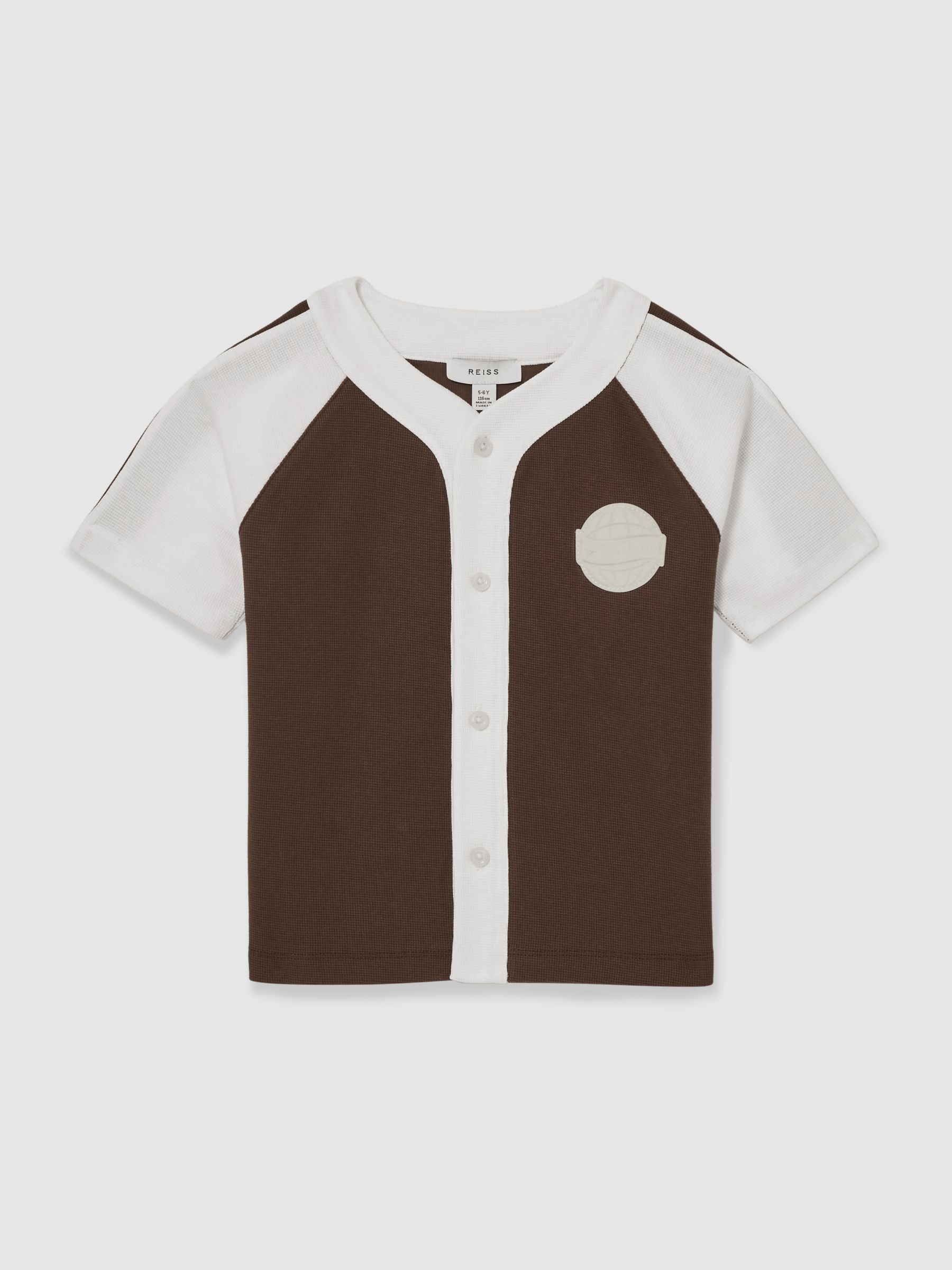 9-13 yrs Cotton Waffle-Knit Badge Shirt in Chocolate Brown / Off White - Image 2 of 4