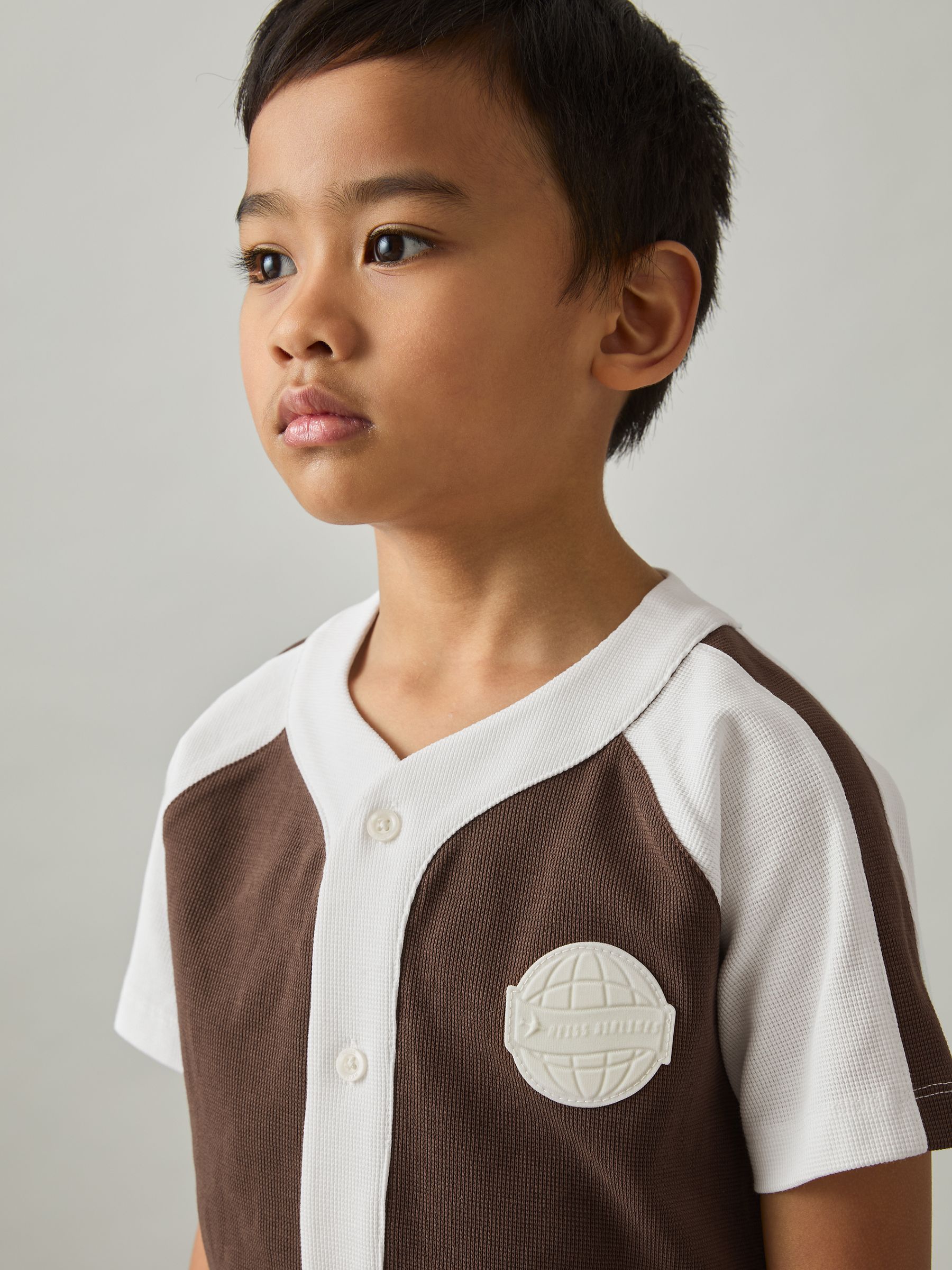 9-13 yrs Cotton Waffle-Knit Badge Shirt in Chocolate Brown / Off White - Image 3 of 4