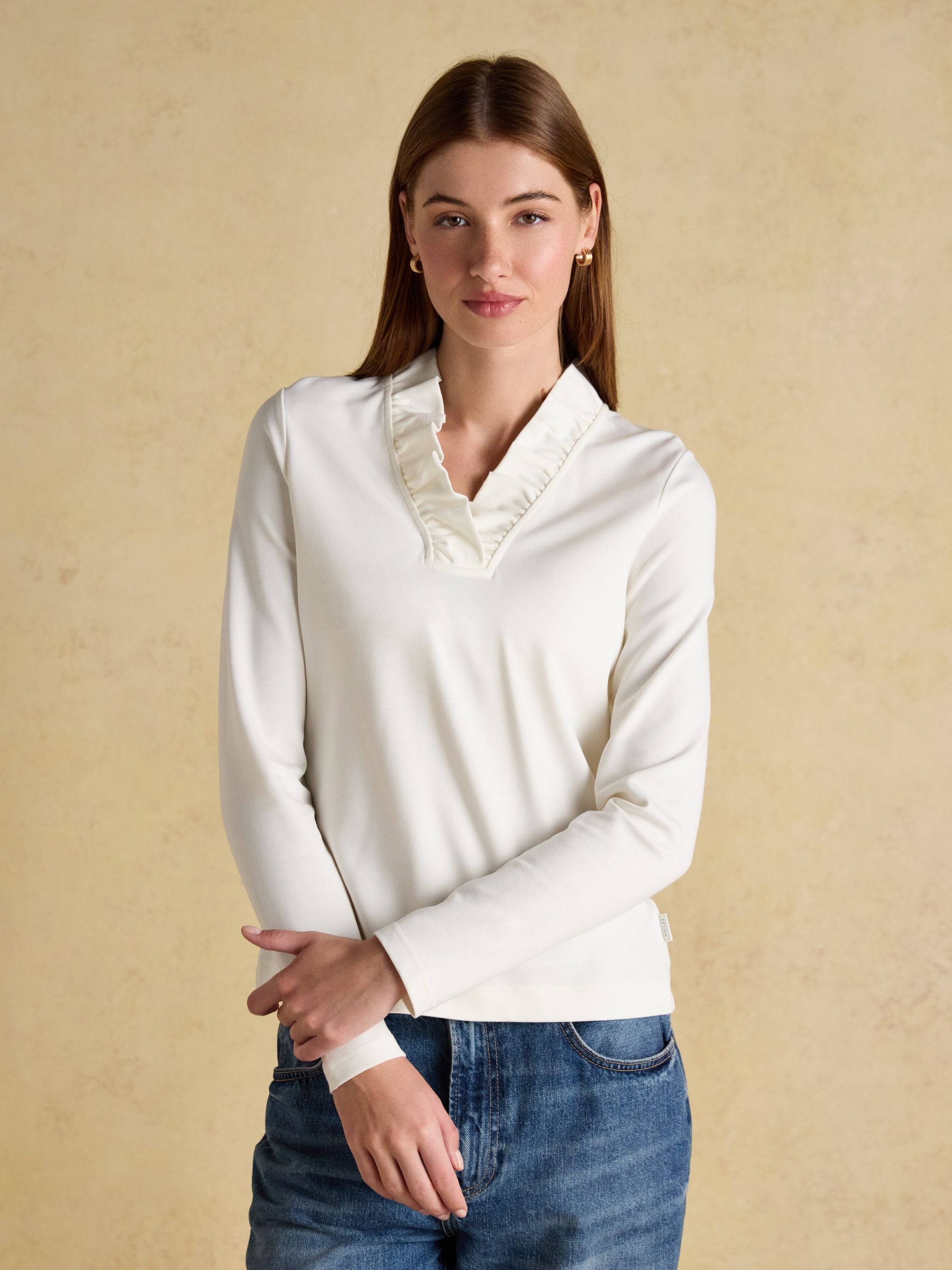 Heidi Cream Frill Neck Jersey Fitted Top - Image 1 of 6 Heidi Cream Frill Neck Jersey Fitted Top - Image 1 of 6