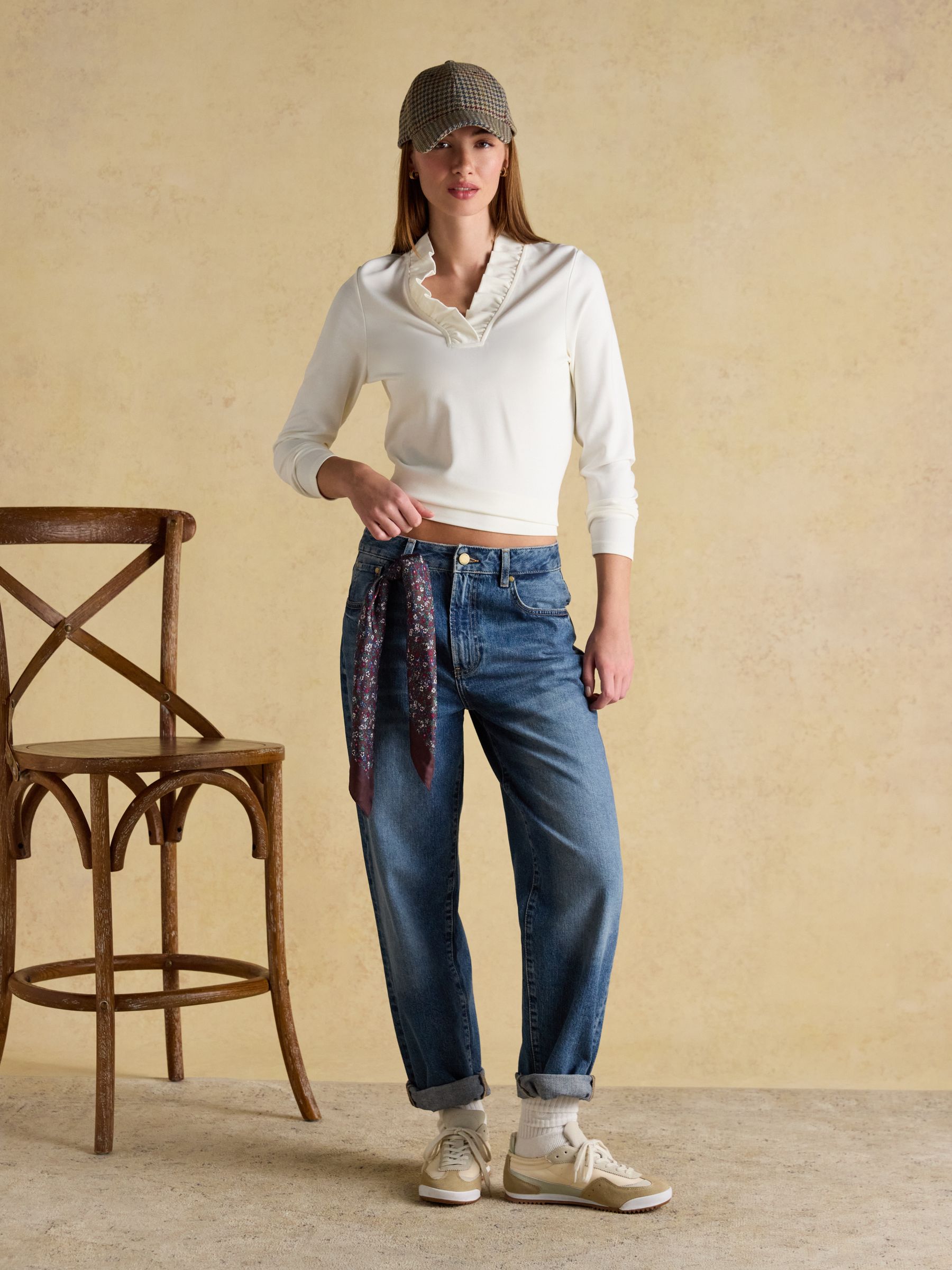 Heidi Cream Frill Neck Jersey Top | Joules
