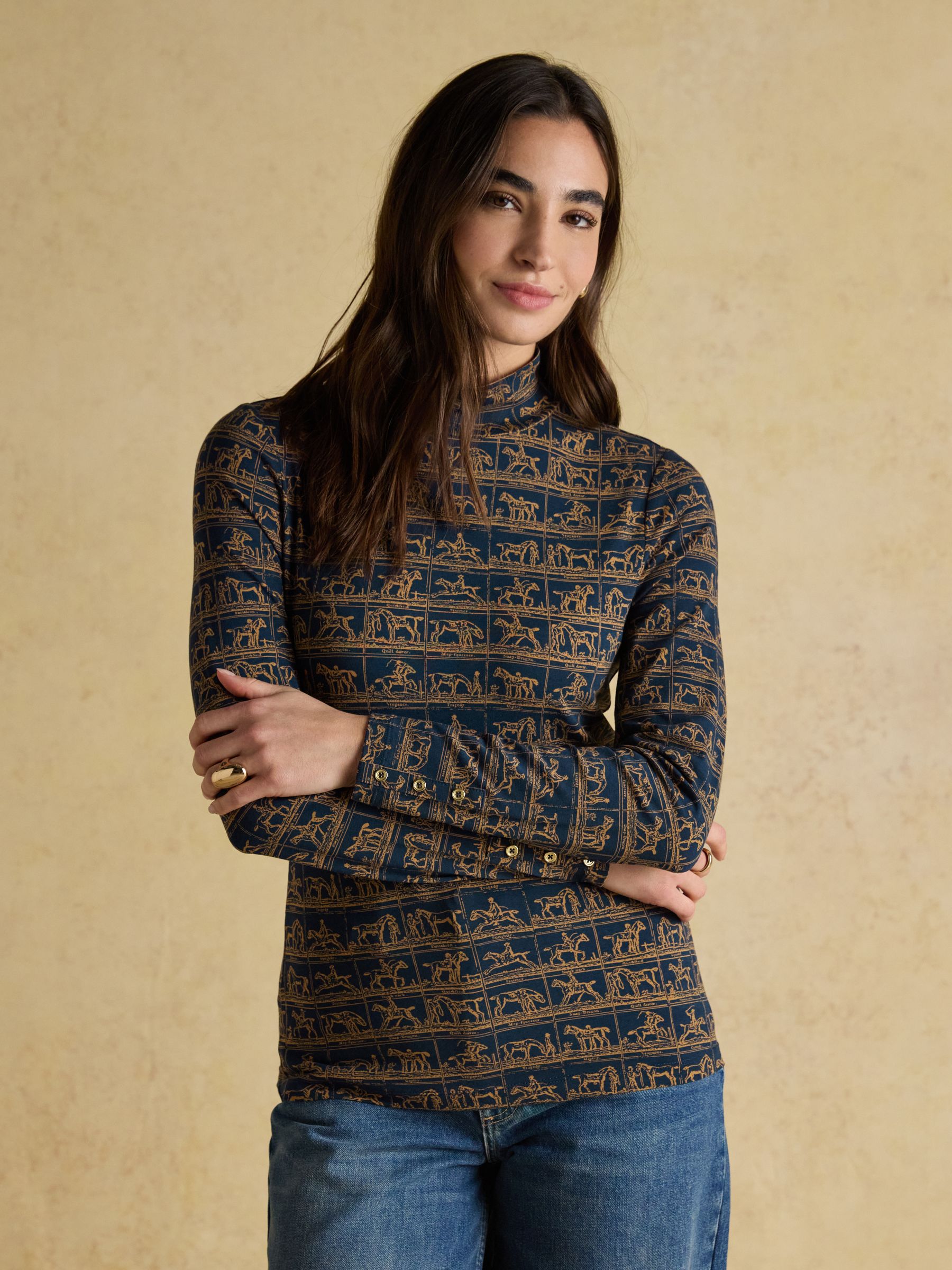 Navy Horse Print Long Sleeve High Neck Jersey Top - Image 4 of 11